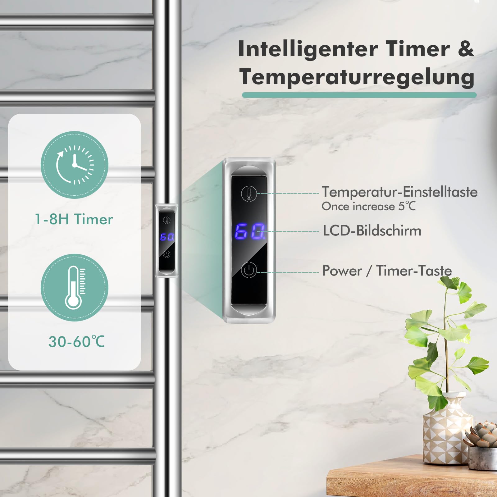 GOPLUS Handtuchheizkörper, elektrischer Handtuchwärmer aus Edelstahl, Handtuchtrockner mit LED-Touchscreen & Thermostat, für Badezimmer& Spa (53 x 11 x 86 cm, Silber)