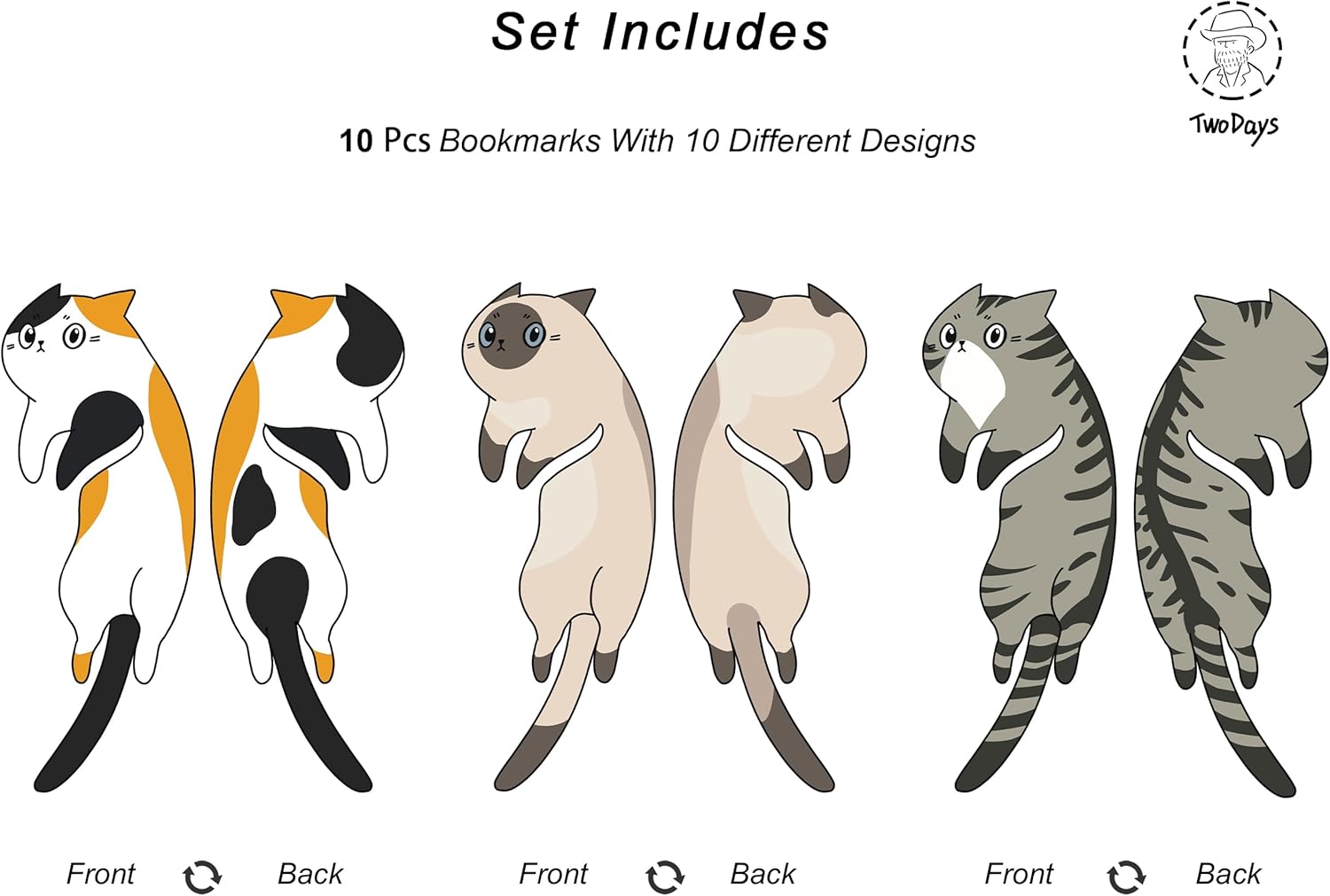TwoDays Cute Cat Bookmarks for Reading Women, Gifts for Book Lovers, Book Accessories for Bookish, Cat Party Favors (Set of 10, 5'' X 2'') - Image 2