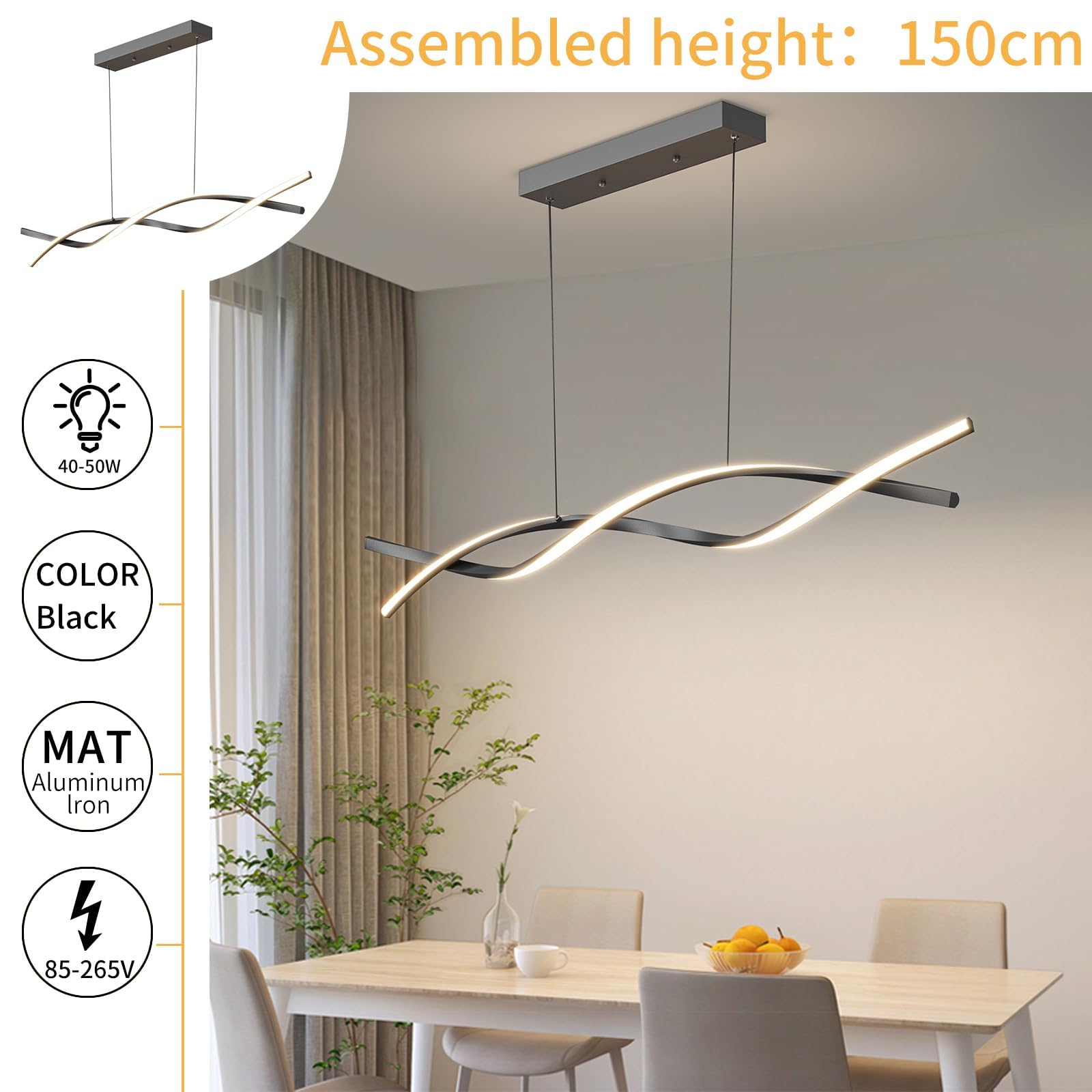 Mikeru 100CM Wave Pendant Light, 10%-100% Dimmable, Remote Control for 3 Colors Light 3000K/4500K/6000K - Image 2