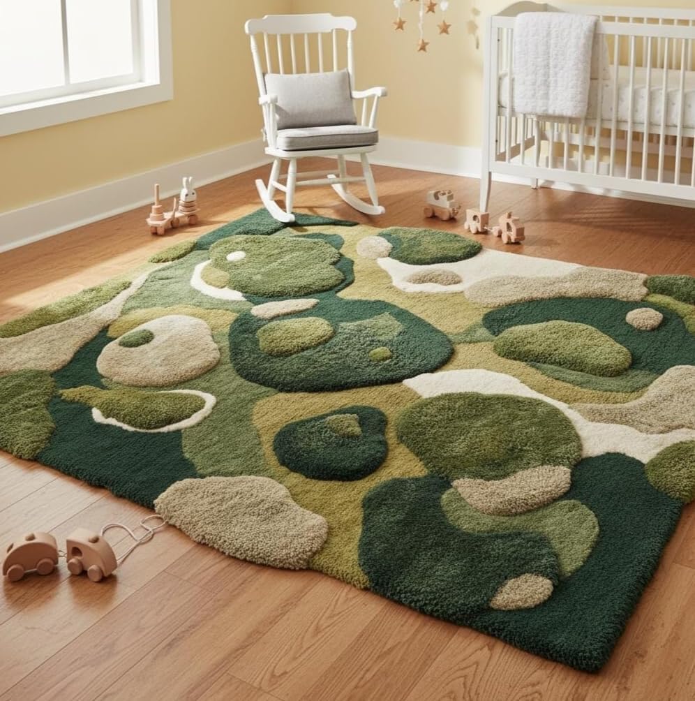 3D Moss Stone Area Rug, Green and Beige, Tufted, Nature-Inspired Living Room Decor (Natural Green, 7' x 10' Feet)