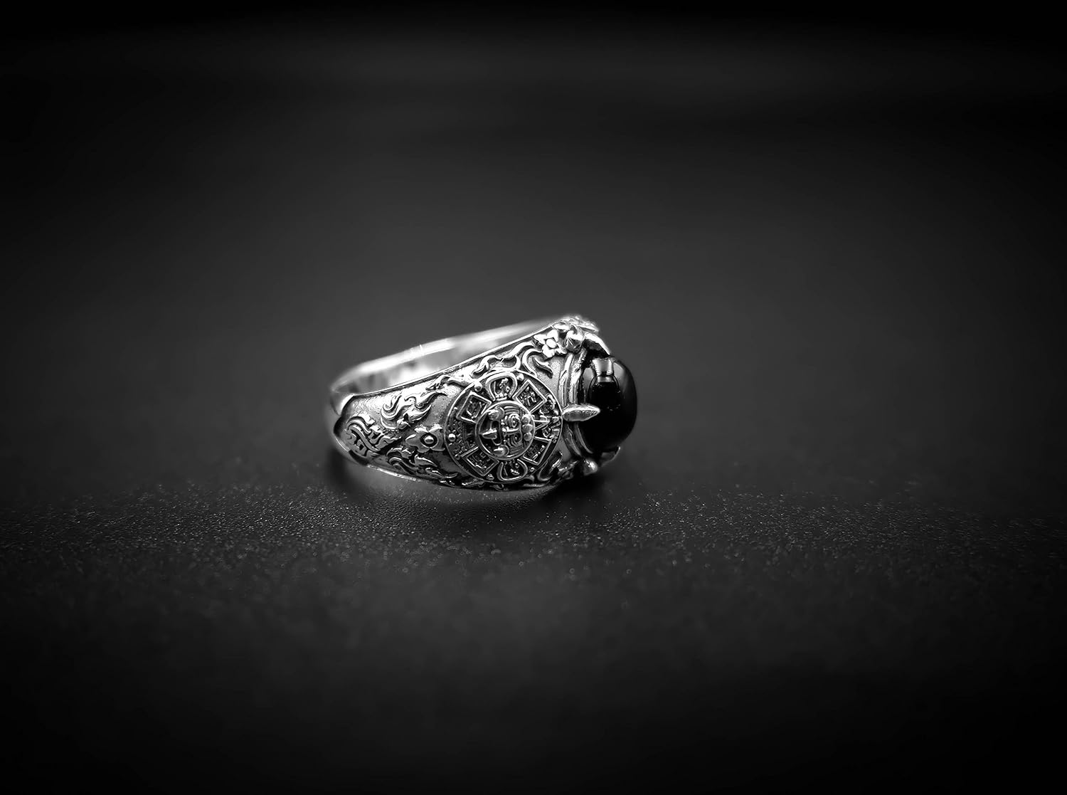 925 Sterling Silver Onyx Tribal Aztec Mayan Calendar Ring Size 6-15