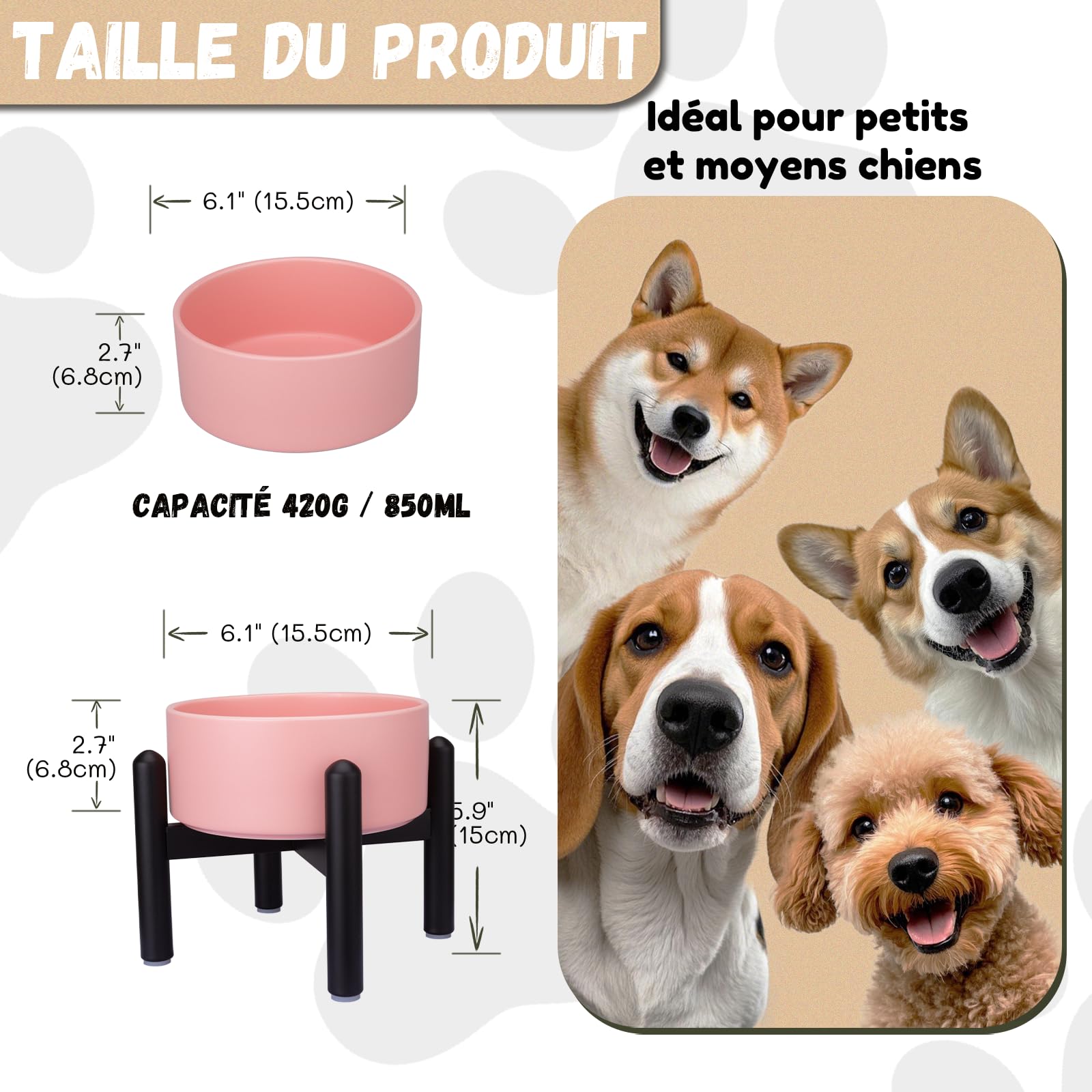 Gamelle pour Chien Surélevée en Céramique - Gamelle en Hauteur avec Support en Acier Inoxydable - Bol pour Petits et Moyens Chiens - 850 ML - Rose