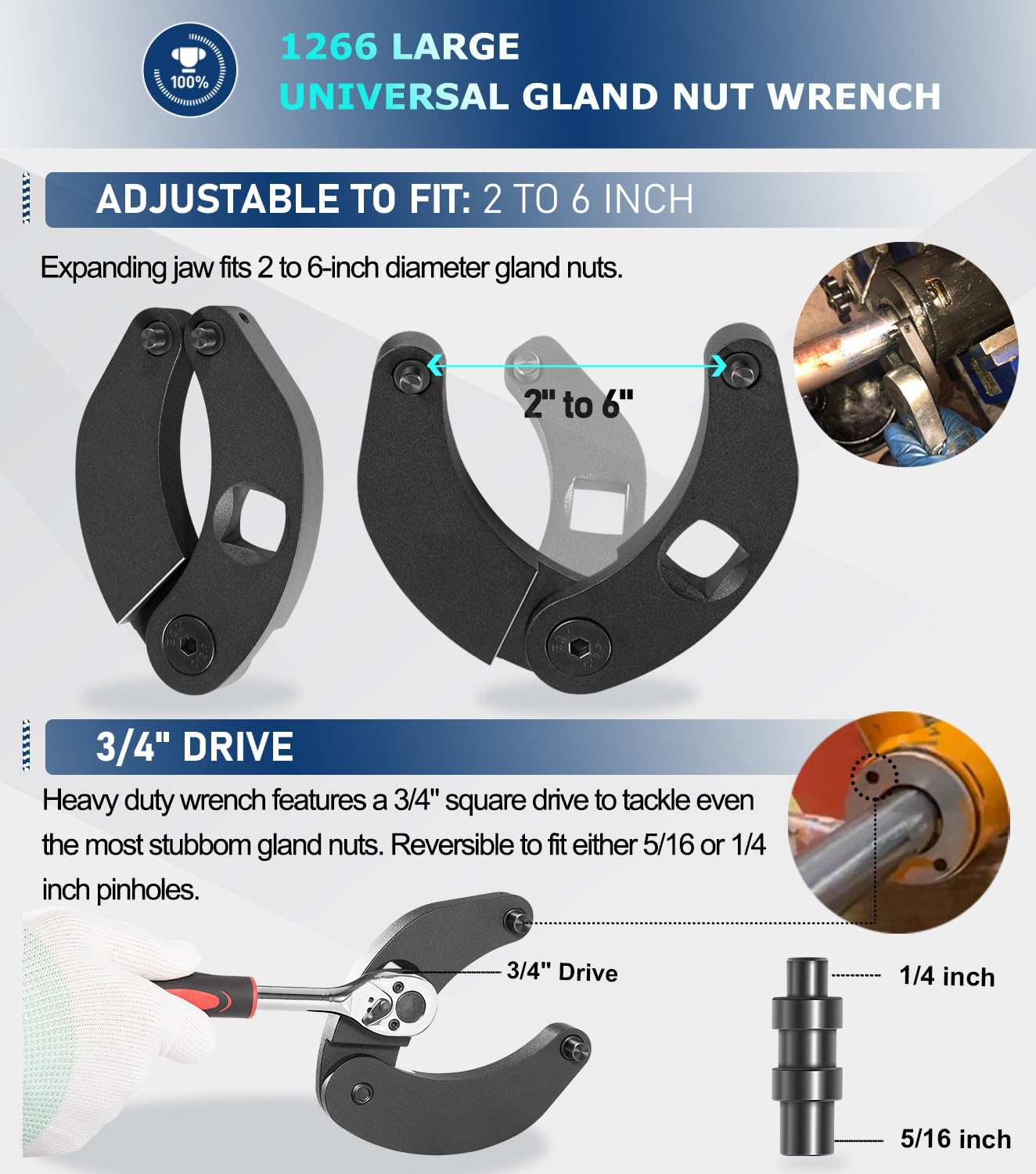 Camoo 1266 & 7463 Adjustable Gland Nut Wrench, 2 Hydraulic Cylinder Spanner Wrench Set Includes Gloves, Microfiber Towel, Pins & Allen Wrenches, Suitable for Farm & Construction Equipment