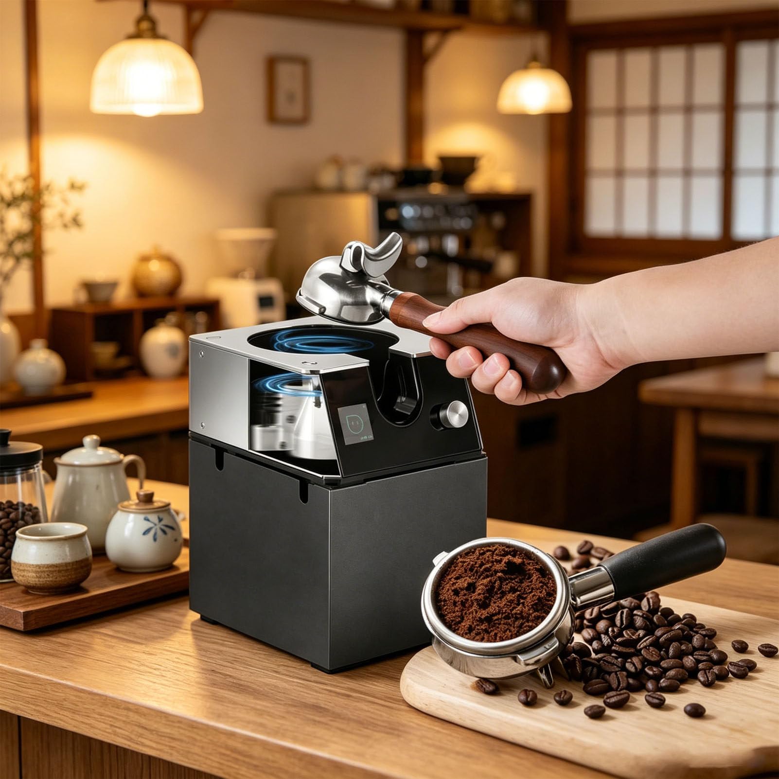 PioMue Espresso Portafilter Cleaner with Knock Box Automatic Coffee Grounds Cleaning Machine for Home & Commercial Use, for 58mm portafilters 220V