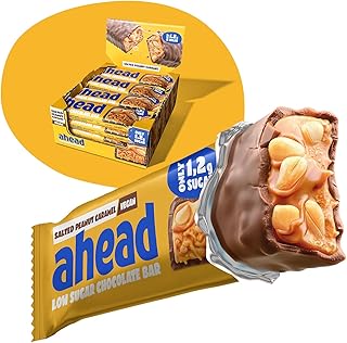 AHEAD Veganer Süßigkeiten Riegel – Salted Peanut Caramel – 16 x 35g – Keto Riegel mit zuckerfreier Schokolade – nur 5g Net Carbs pro Low Carb Süßigkeit - Verbesserte Rezeptur