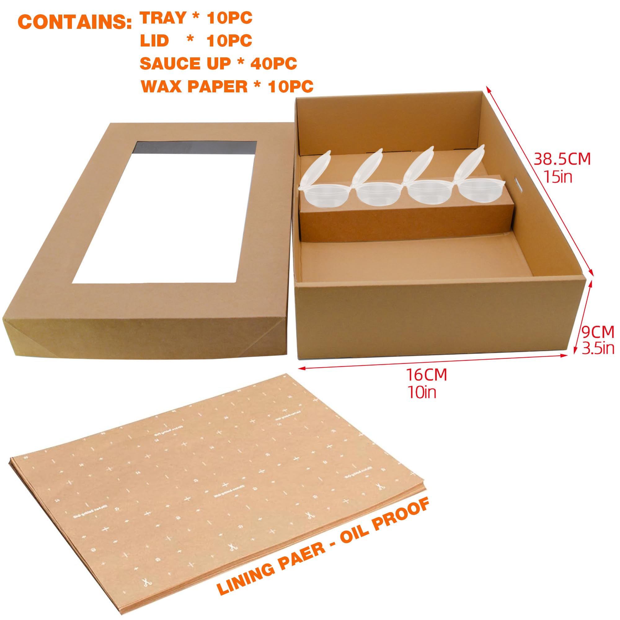 Bandeja grande para servir con tapa (resistente) – 10 juegos de cajas desechables de cartón con insertos de taza, recipientes a prueba de aceite para llevar para 5-8 invitados, ideal para