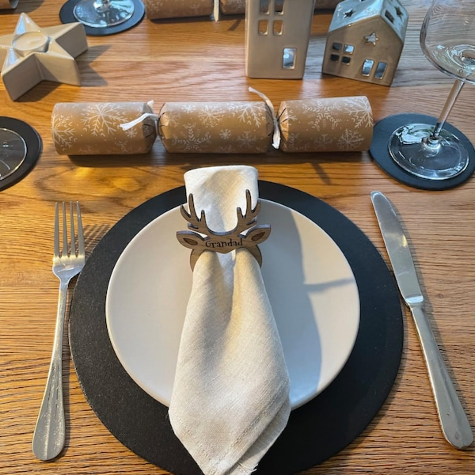Portatovaglioli natalizi in legno a forma di renna, personalizzabili, con incisione, segnaposto, segnaposto, decorazione da tavola, decorazione per la cena, per Natale, vacanze, matrimoni, casa