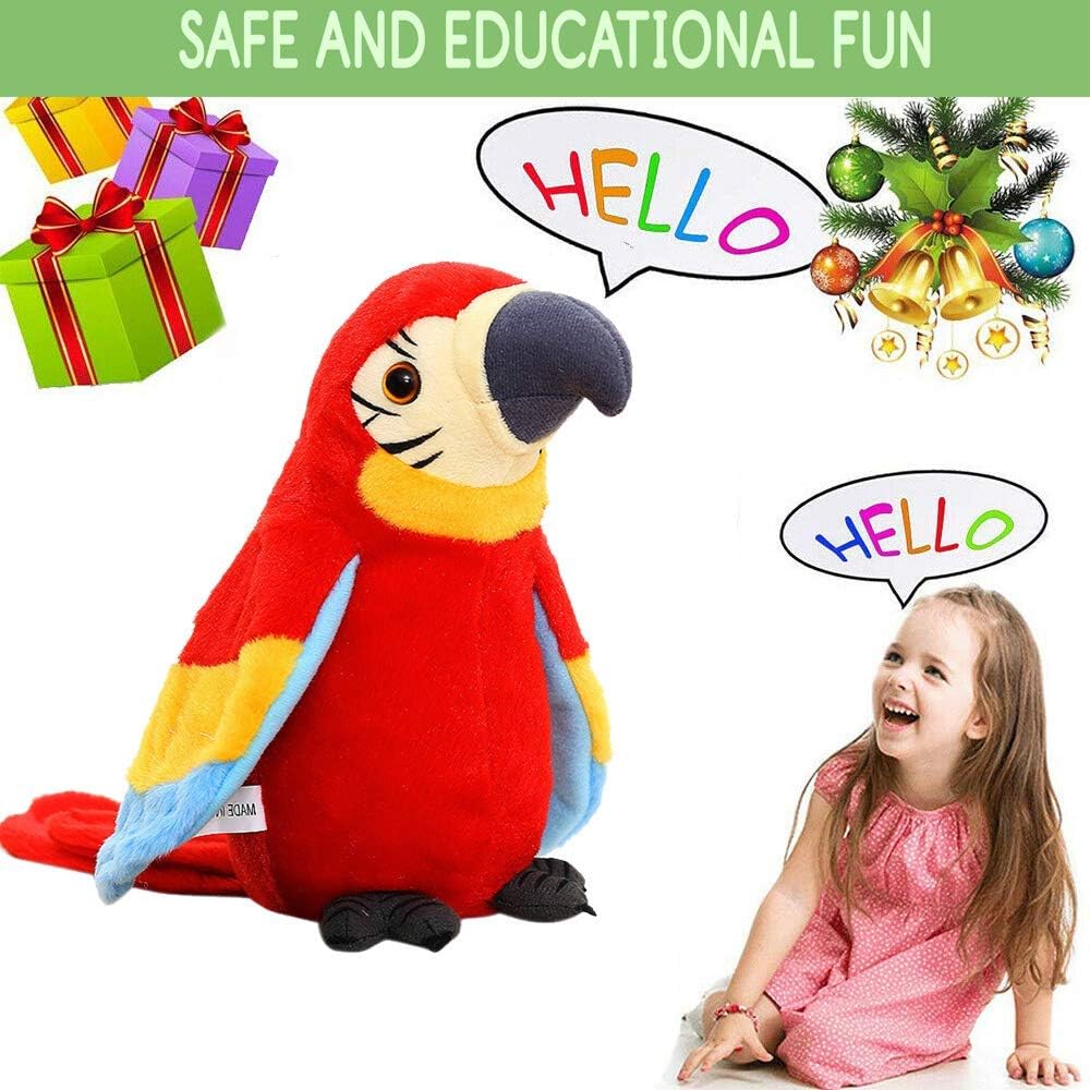 GREUS 9'' Cute Talking Parrot Repeats What You Say Electronic Interactive Plush Toy Stuffed Animal Record Parrot Waving Wings Funny Bird Toys for Children Girls Boys Best Xmas Gift (Red Parrot)