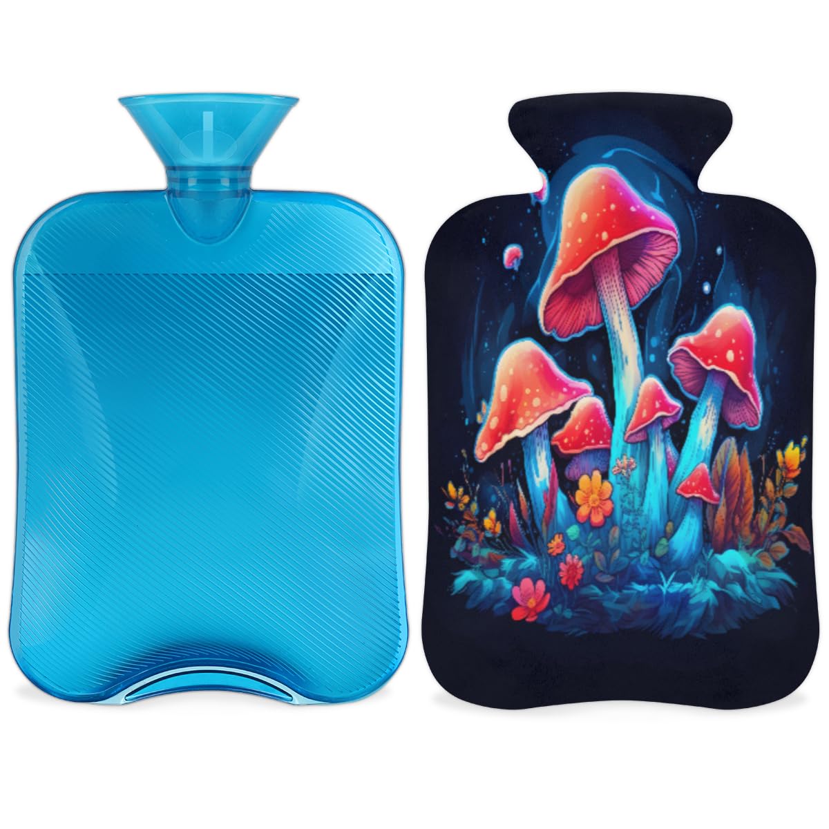 Hot Water Bottle with Soft Cover,2L Glowing Mushrooms Hot Water Bag for Hot and Cold Compress, Hand Feet Warmer, Flowers Mushrooms Rubber Hot or Cold Water Bottle Halloween Christmas Decorations