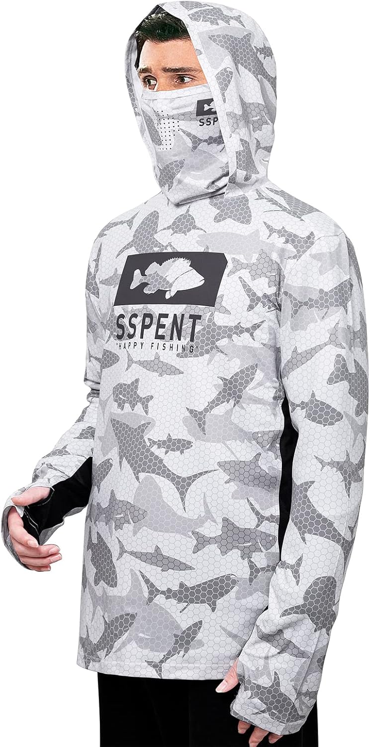 Sspent UPF50 + Camisa de pesca de manga larga para hombre con máscara UV cuello polaina sudadera con capucha