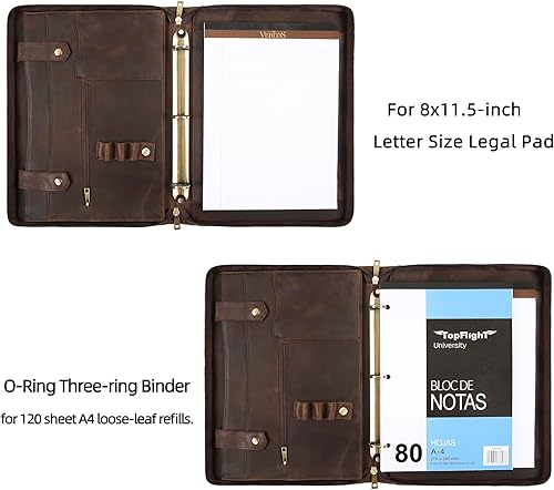 Miniatura 10 de YLYYHH Carpeta portafolio de 3 anillos, carpeta de cuero para zurdos, carpeta con cremallera para mujeres, organizador de cuero para hombres (marrón