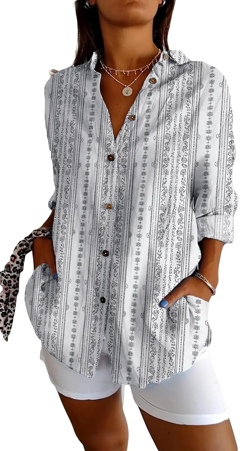 HOTYD Womens Long Sleeve Boho Shirts Button V Neck Vintage Floral Tops Ladies Blouses Dressy Casual Graphic Shirt 2025 Spring