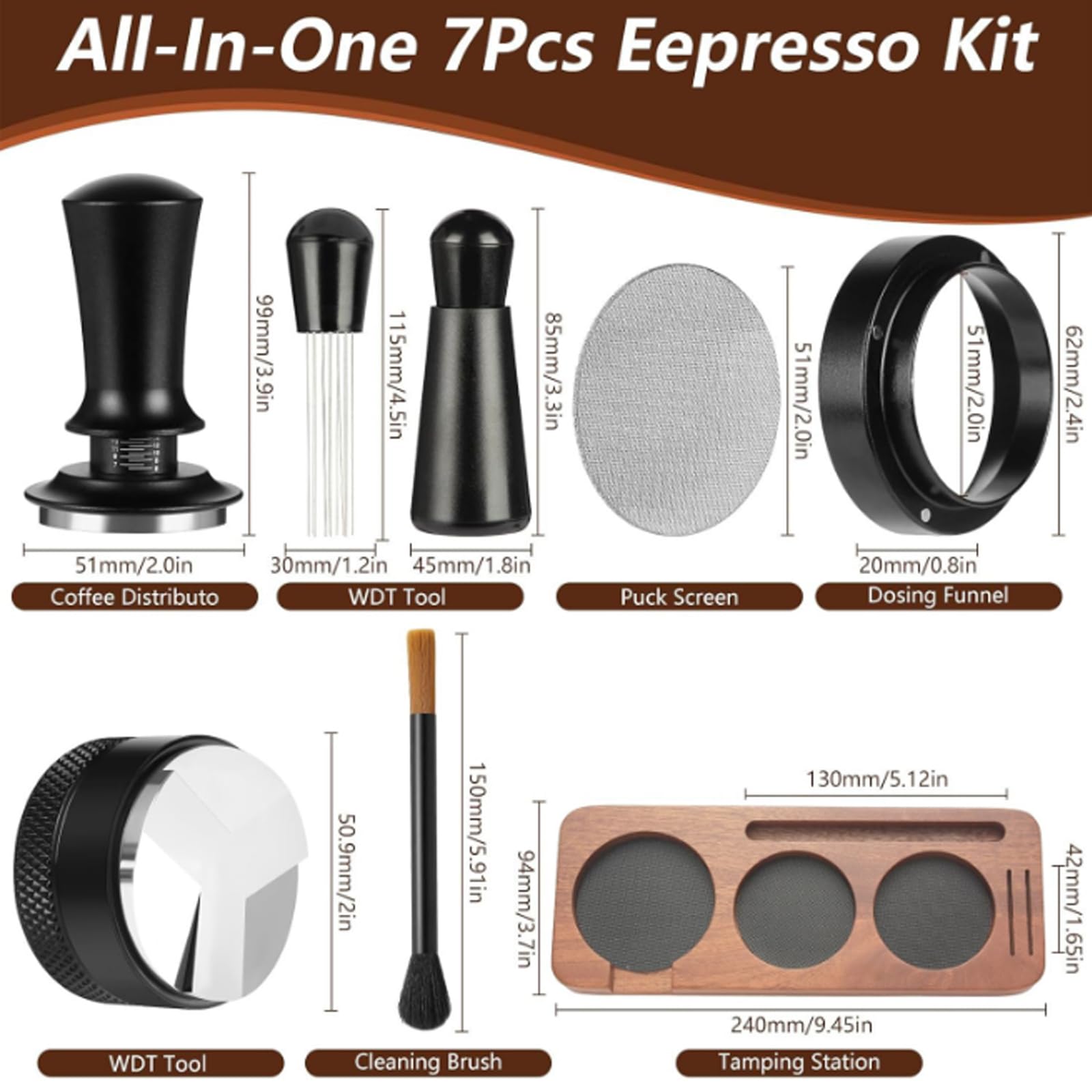 Set di 7 accessori per espresso da 51 mm, con pressino, utensile WDT, distributore, anello dosatore, puck screen, stazione pressino e spazzola per la pulizia per portafiltro, caffè e bar espresso