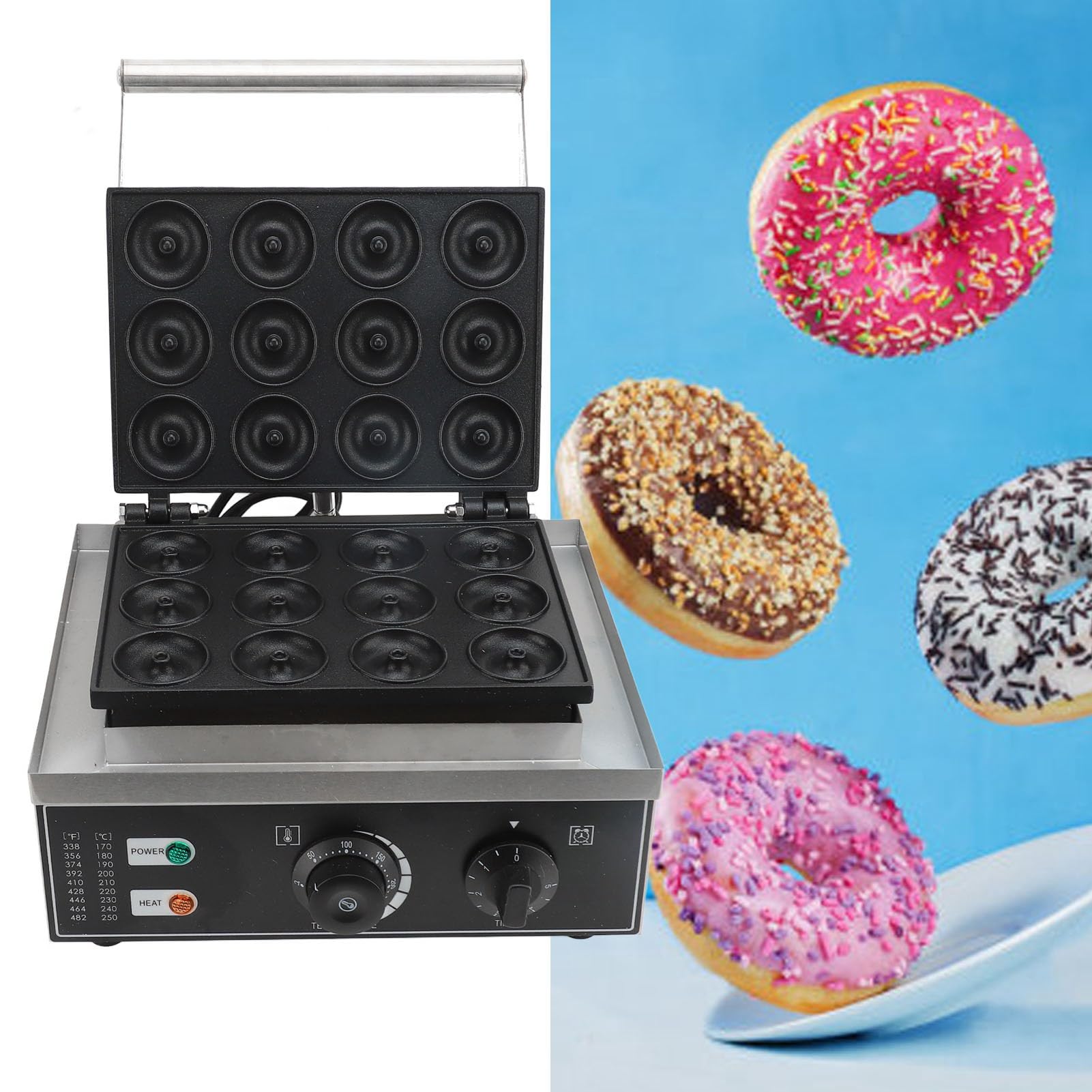 TOPINCN Máquina Comercial para Hacer Donas, Máquina Eléctrica para Hacer Donas, 12 Agujeros, 1500 W, Revestimiento Antiadherente de PTFE, Acero Inoxidable con Temporizador y Luz L (Enchufe europeo