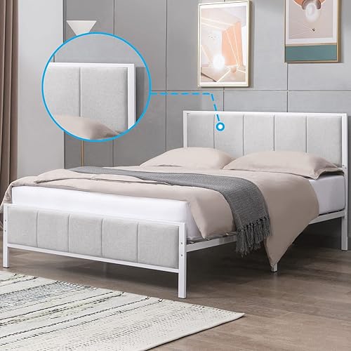 Miniatura 3 de Mjkone Base de cama tamaño King, plataforma tapizada de lino, marco de cama con cabecera copetuda de canal, no necesita somier, color gris claro