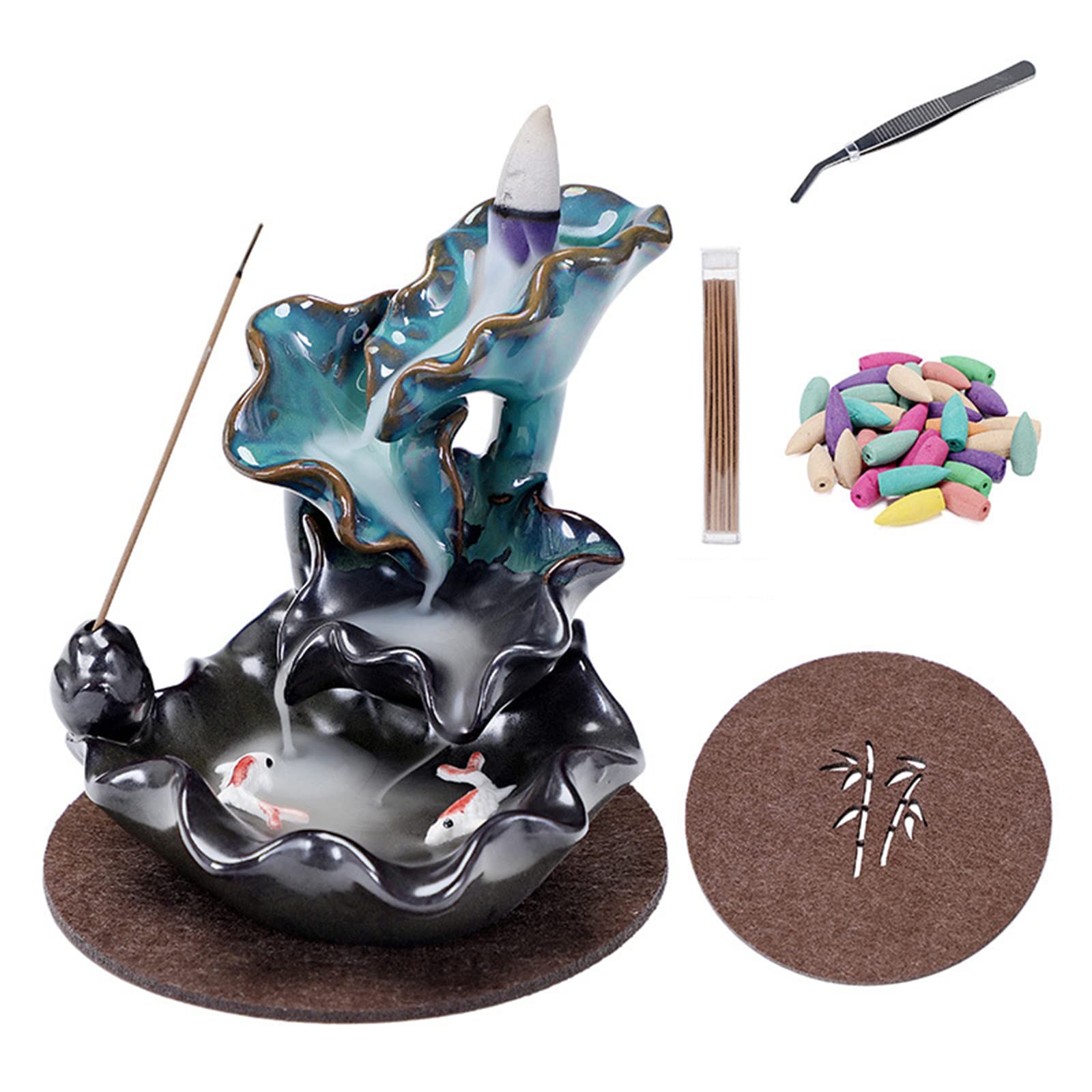 Yexiuo Boys D Ceramic Backflow Incense Holder, Waterfall Incense Burner With 20 Cones & 30 Sticks, Aromatherapy Home & Esk Ecor