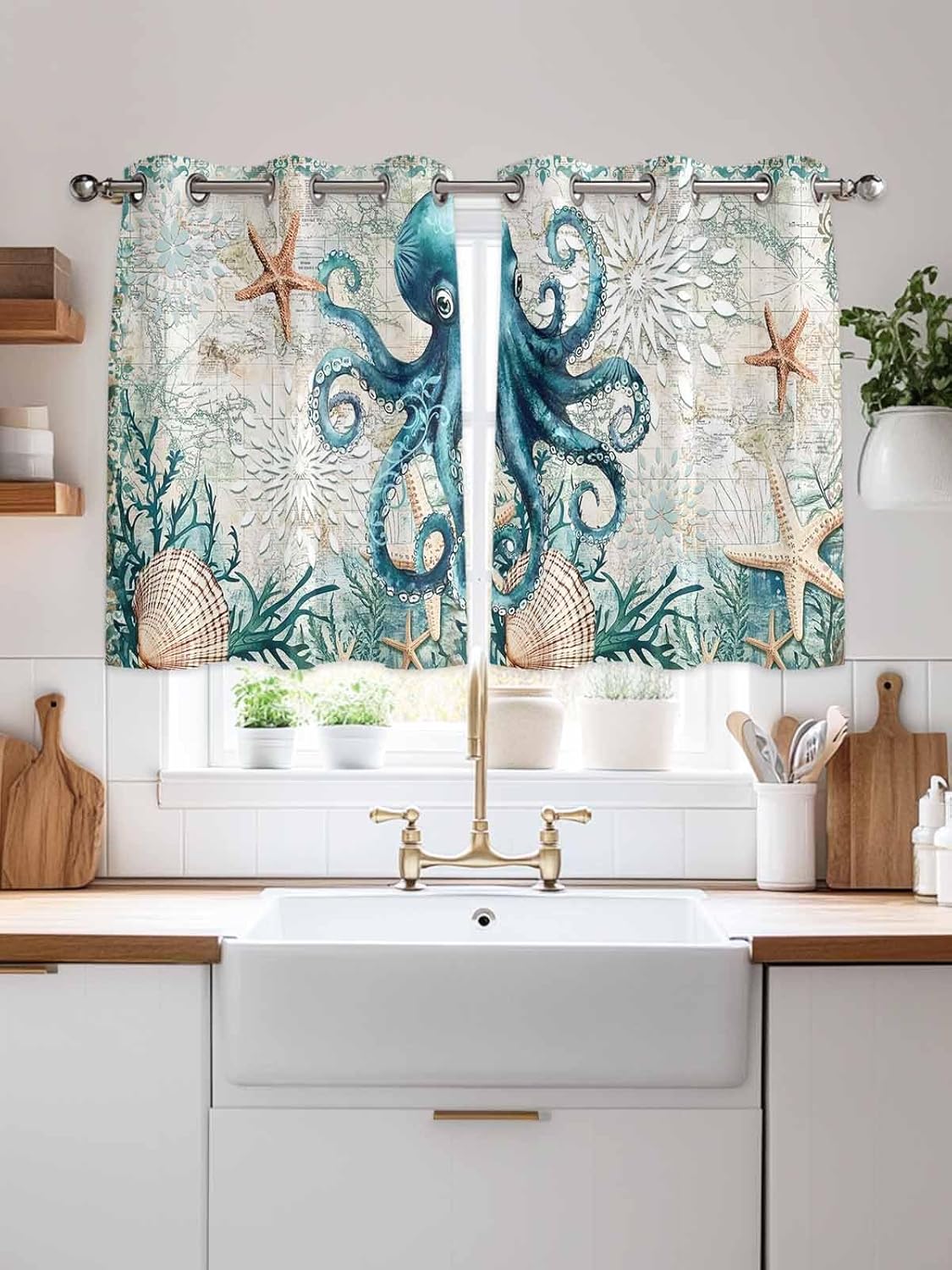 Nautical Octopus Window Curtains Panels with Silver Grommet,Coastal Vintage Coral Starfish Ocean Kitchen Cafe Curtain Draperies Window Treatment Set for Living Room/Bedroom/Bathroom/Cafe,55x39