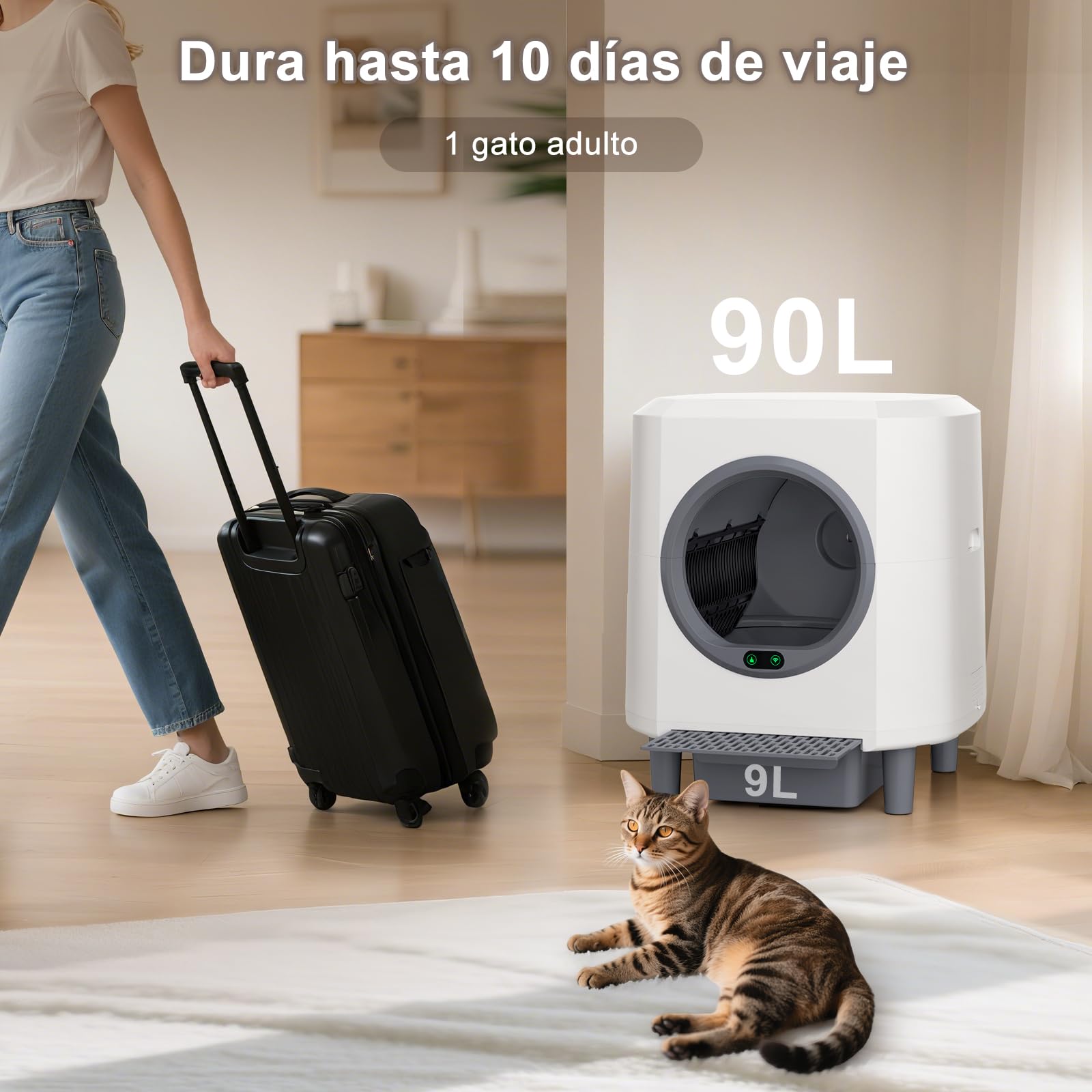Arenero Rotatorio Autolimpiable Cerrado, Sin Olores Y Sin Palear | Caja de Arena Automática con Antiatrapamiento, Con Control Por APP, 90L Gran Capacidad, Para Dueños Ocupados Y Viajeros