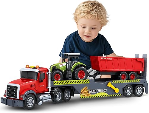 Miniatura 10 de SpringFlower Camión Semi Juguetes de 21", Camión de Policía para niños de 3, 4, 5, 6 años, Camión con Coche de Carreras y Helicóptero, Camión