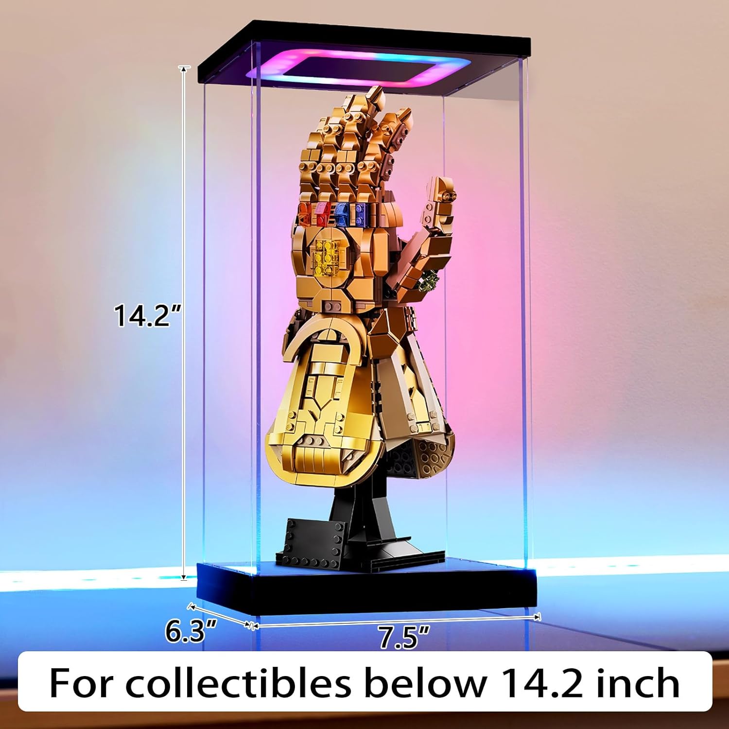 Clear Acrylic Display Case with Light for Lego 76191, Multiple Color Lights Dustproof Protection Display Box for Collectibles Action Figures（7.5×6.3×14.2inch）