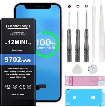 ElephantStory Replacement Battery for iPhone 12 Mini High Capacity 0 Cycle Li-ion Polymer Battery for iPhone 12 Mini with Repair Tool Kit - Compatible with Model A2399 A2400 A2398 A2176