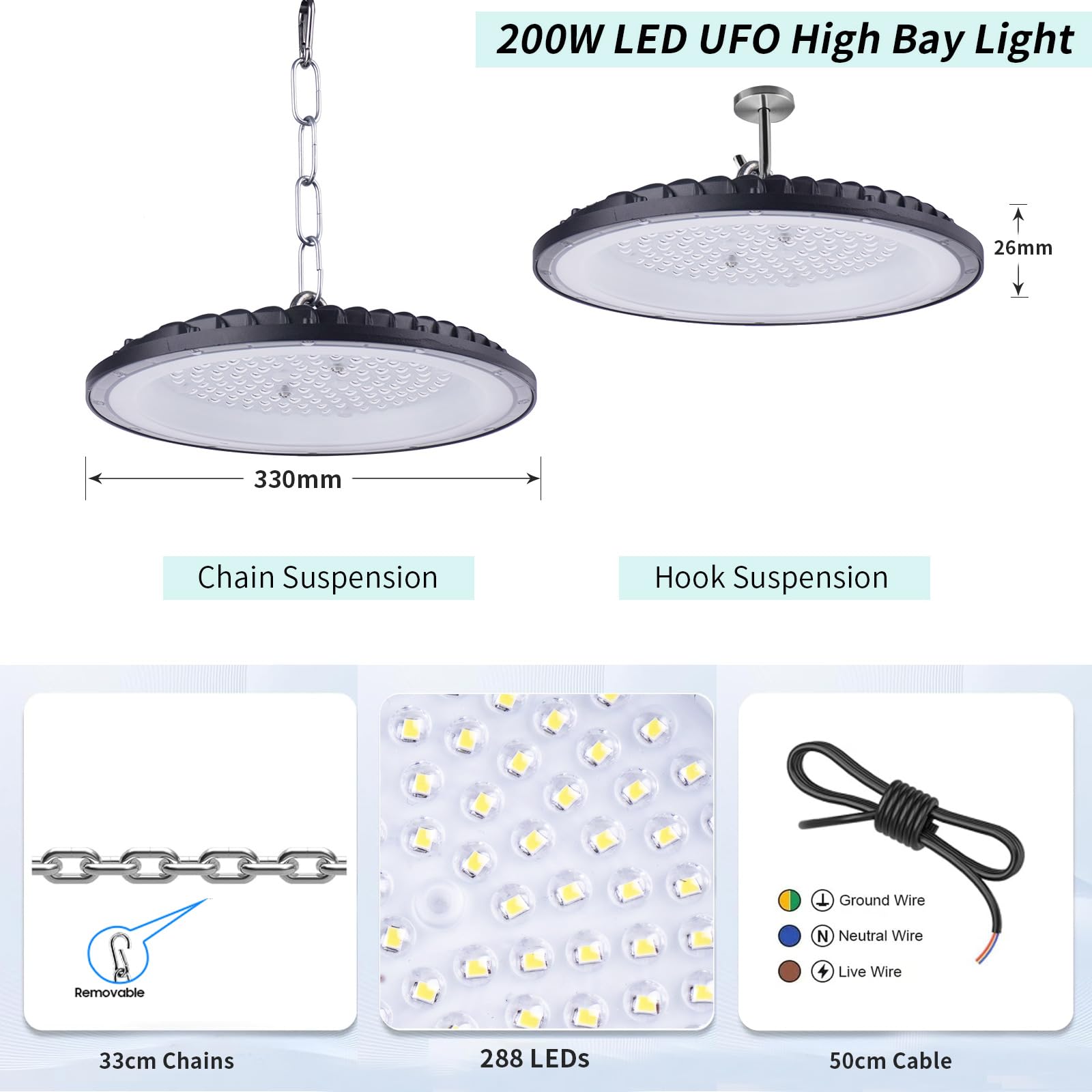 200W UFO LED Lámpara de Alta Bahía, 20000LM Focos Led Interior Techo,6500K BlancaFría IP65 Impermeable Campana LED Industrial,High Bay lampara led techo para Fábrica,Garaje,Taller