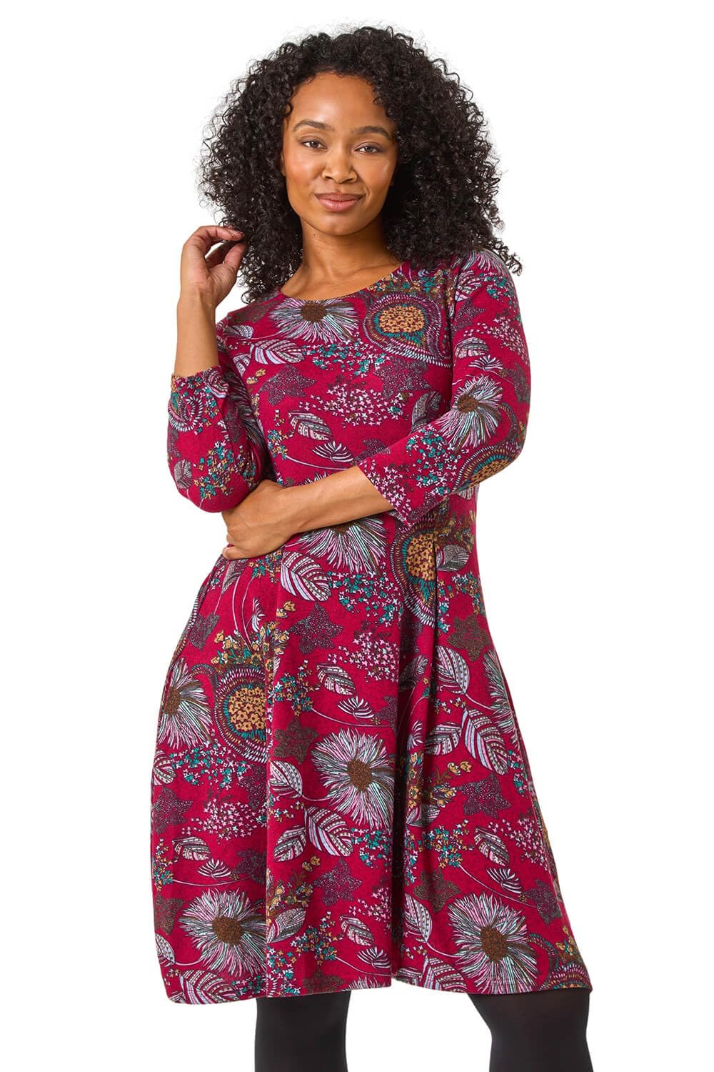 Roman Originals Women's Petite Wine Tunic Dress With Pockets For Uk Swing Fit & Flare Skater Slouch Stretchy Casual Smart Winter Jersey Pull On Work Office 3/4 Long Sleeves - Size 14