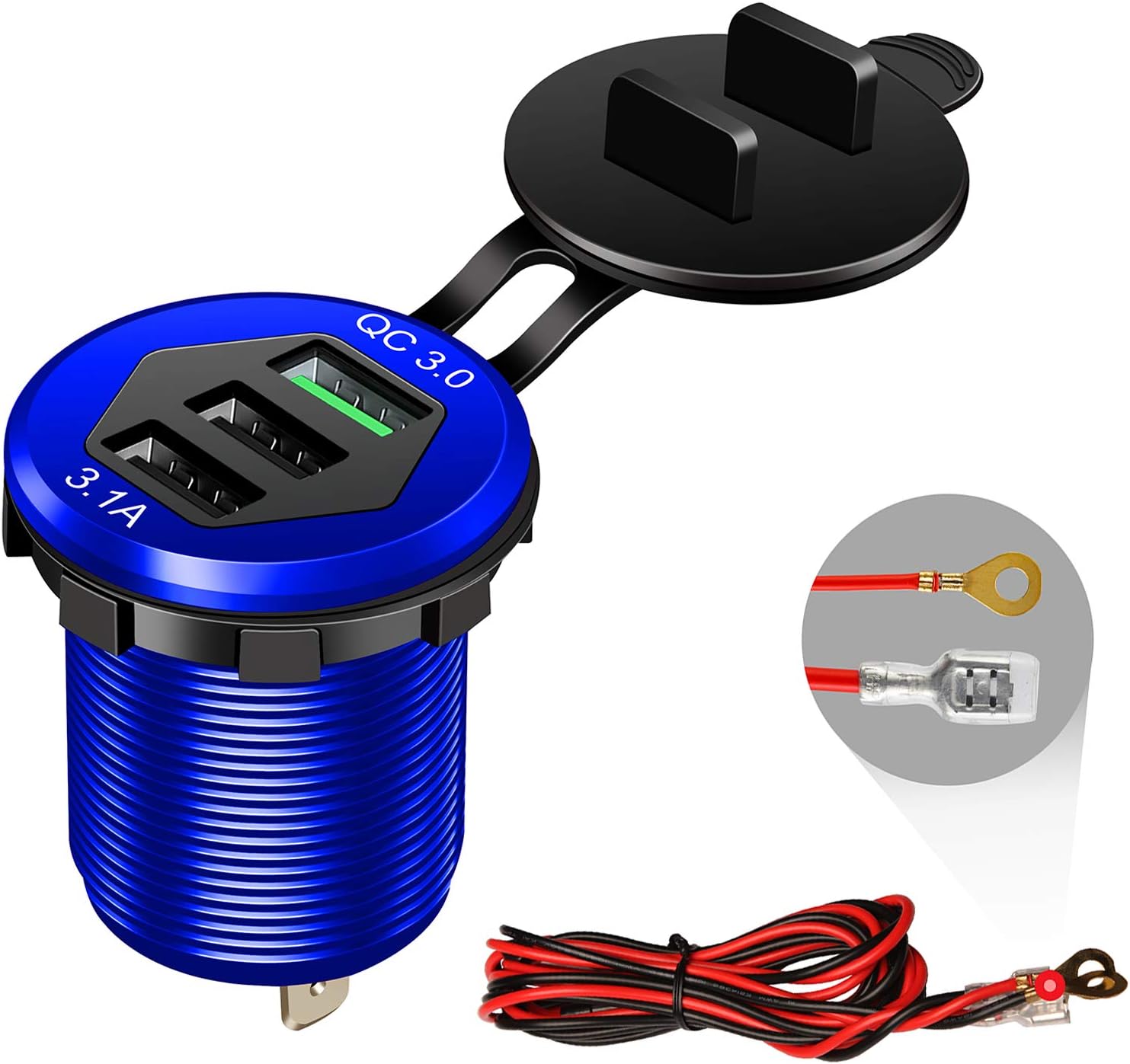Quick Charge 3.0 Car Charger, 12V/24V 35W QC3.0/2.0 USB Charger Socket, 3 USB Charger Socket Power Outlet Fast Charge with Wire Fuse Aluminum Car Boat Marine ATV Bus Truck Golf Cart and More(Blue