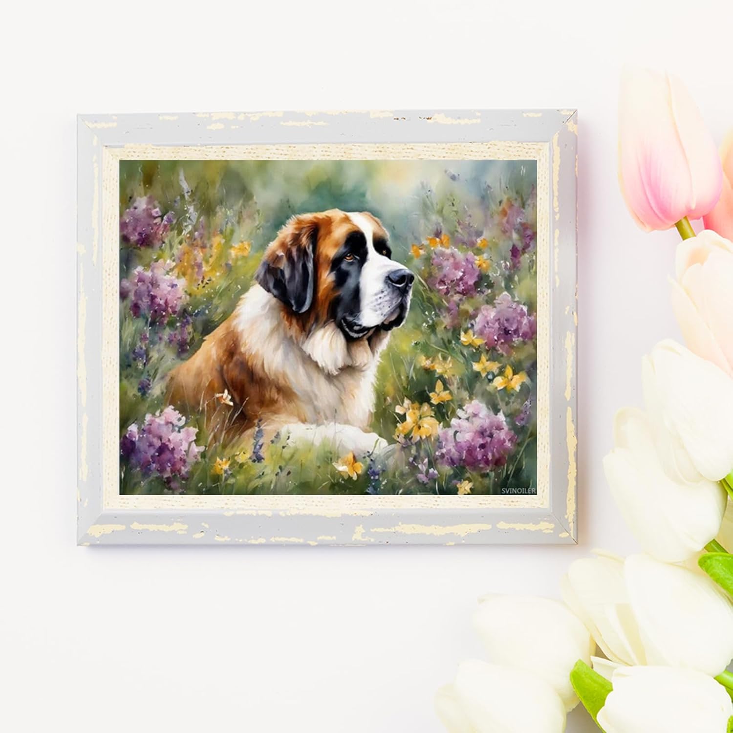 SVINOILER Adults Paint by Number Kits, Saint Bernard and Flowers, Paint by Number Kits on Canvas, DIY Oil Paintings for Beginners Arts and Crafts, 40x50cm No Frame