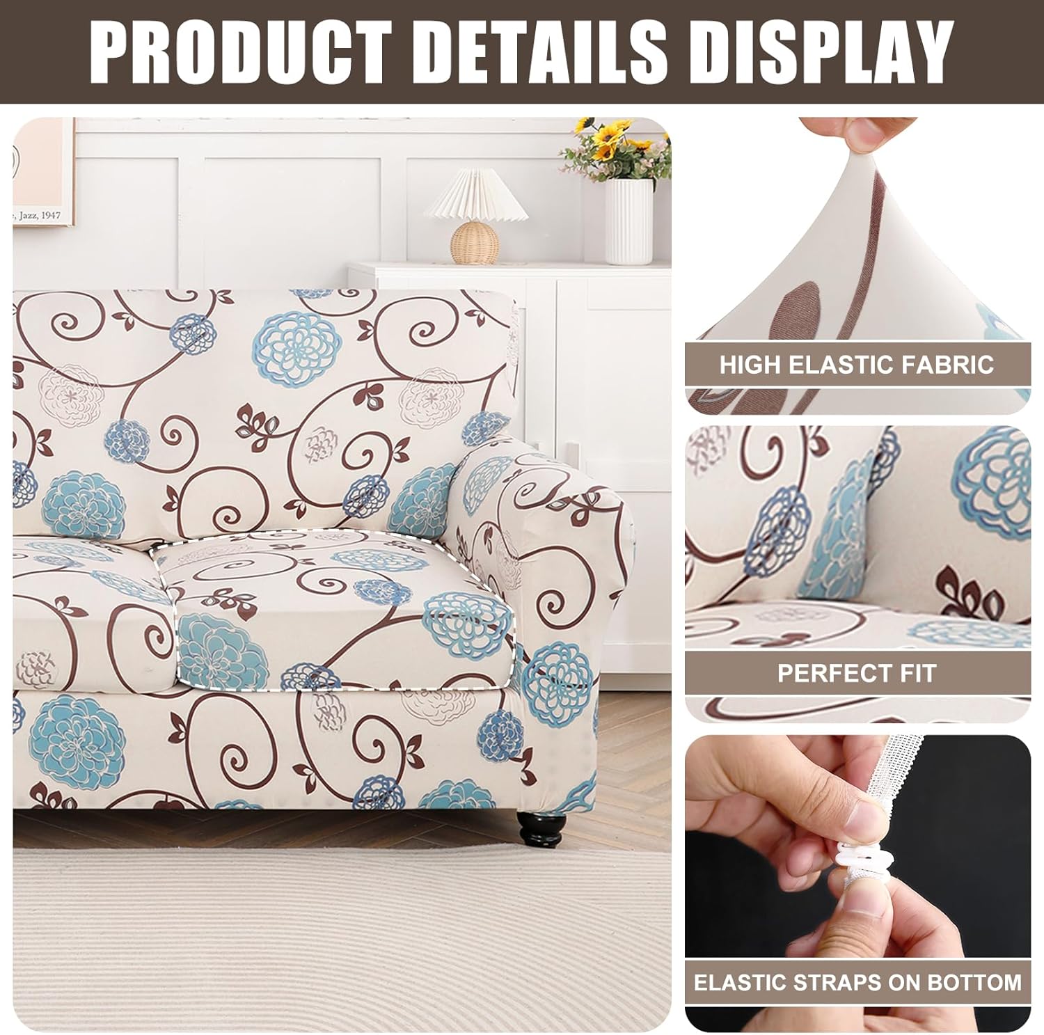 SearchI Floral Printed Armchair Slipcover Bundle, 4 Piece, Beige, Stretch Fit, Easy Installation, Recliner Chair Cover