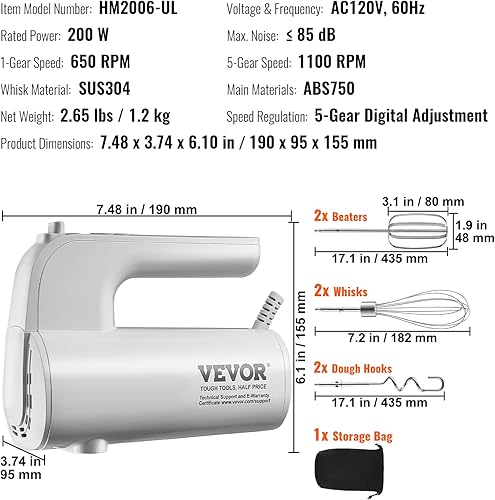 Miniatura 7 de VEVOR Batidora de mano eléctrica digital, 5 velocidades, 200 W, batidora eléctrica portátil de mano, con batidores Turbo Boost, ganchos para masa,