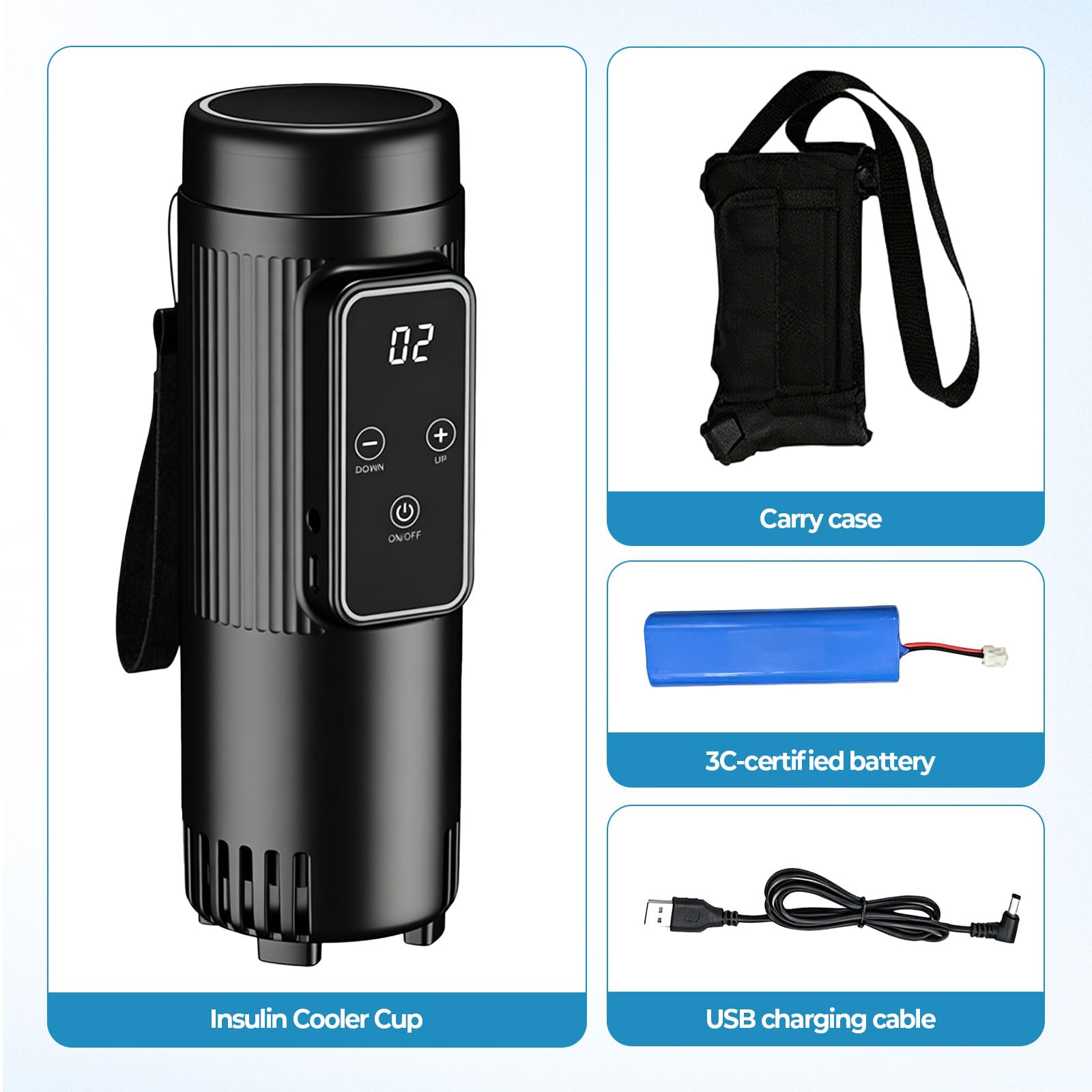 Custodia da viaggio elettrica per insulina, frigorifero portatile con caricabatterie e cavo USB, controllo della temperatura da 0 a 18 ℃ e raffreddamento automatico, contiene 4-7 penne per insulina