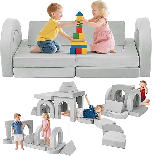 Miniatura 16 de Sofá modular de juego para niños, 13 piezas, sofá de espuma de alta densidad, muebles de sala de juegos convertibles con funda de terciopelo suave