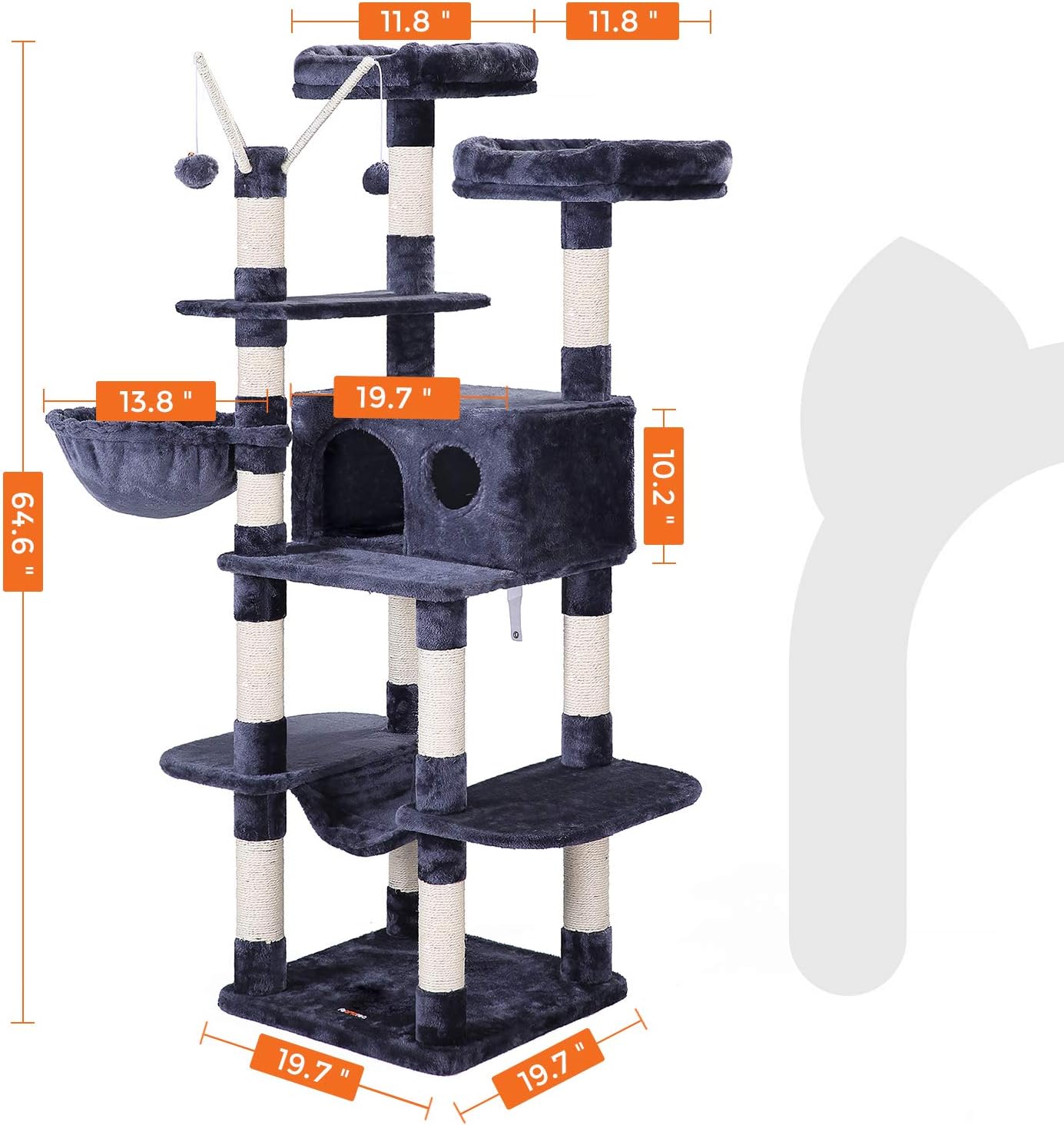 FEANDREA Cat Tree, Large Cat Tower, 64.6 Inches, Cat Activity Center with Hammock, Basket, Removable Fur Ball Sticks, Cat Condo, Smoky Gray UPCT087G01 : Pet Supplies