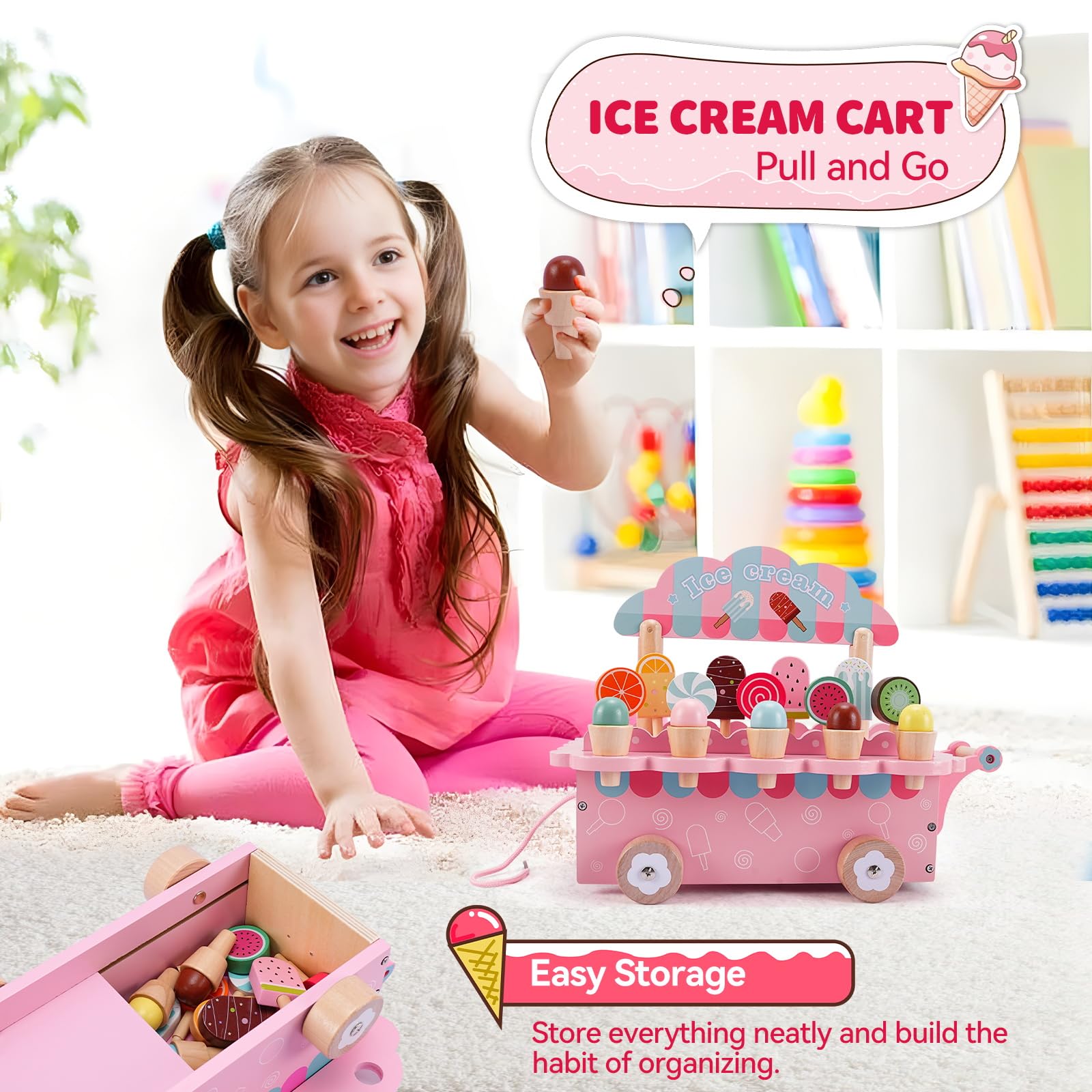 Glacier en Bois pour Enfant,Jeu de Glace en Bois,Jouet de Crème Glacée,Magasin de Glace Enfant Jeux de Rôle Jouets en Bois Jouets Montessori Cadeau pour Garçons Filles à Partir de 3 Ans