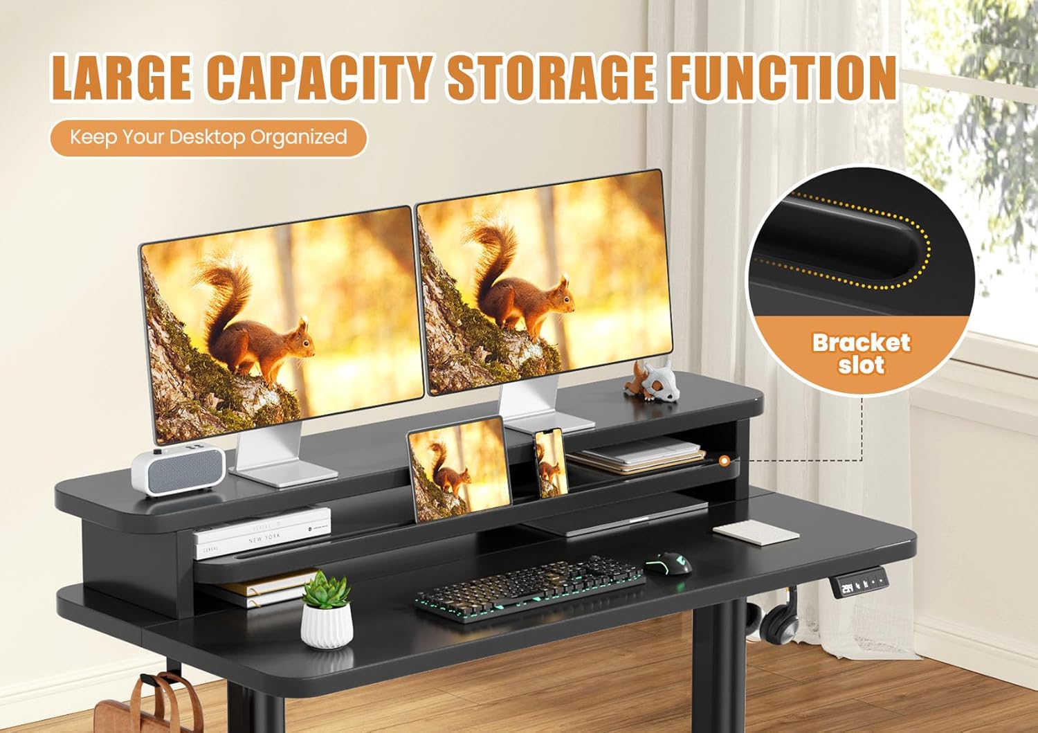Flycity Electric Standing Desk with Dual Monitor Stand, Height Adjustable Desk Sit Stand Desk with Memory Controller, Casters & 2 Hooks, Low Noise Home Office Desk (Black, 48" x 24")