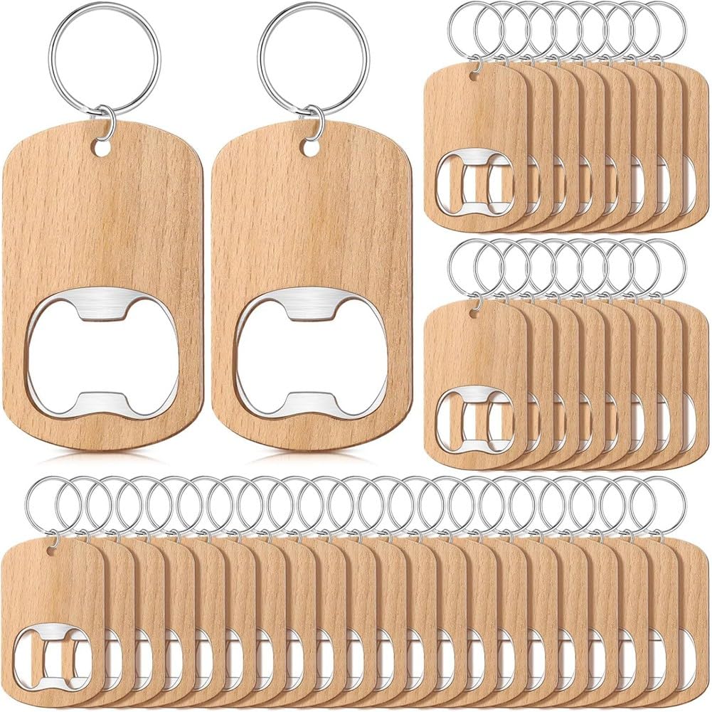 CTRLZS 50 Pcs Wood Bottle Opener Wooden Keychain Bottle Opener Blanks Unfinished Keychain Wood Engraving Bulk for Wedding