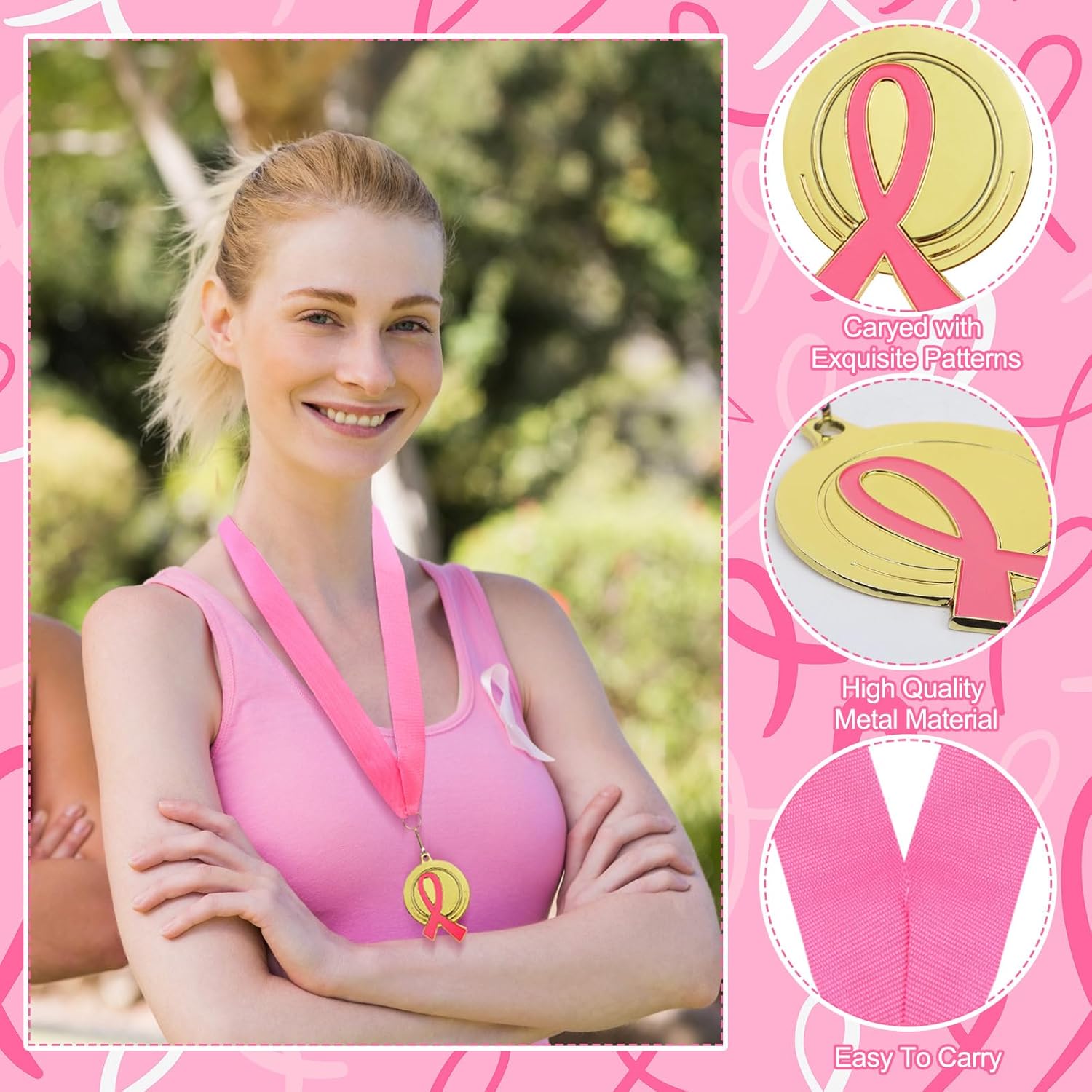 24 Pcs Breast Cancer Awareness Medal Award 2'' Pink Ribbon Running Trophy Award Necklace Breast Cancer Awareness Accessories for Women Charity Event Survivor Campaign Welfare Party Supplies