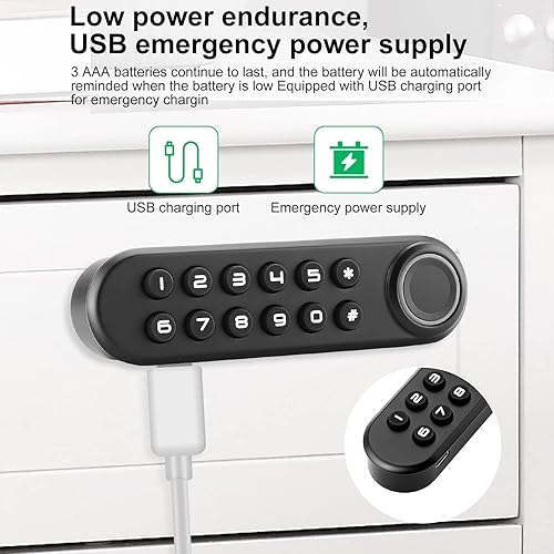 Miniatura 5 de Cerradura de gabinete de huellas dactilares, cerradura de contraseña biométrica inteligente con llave USB, armario de cajón de archivos oculto sin