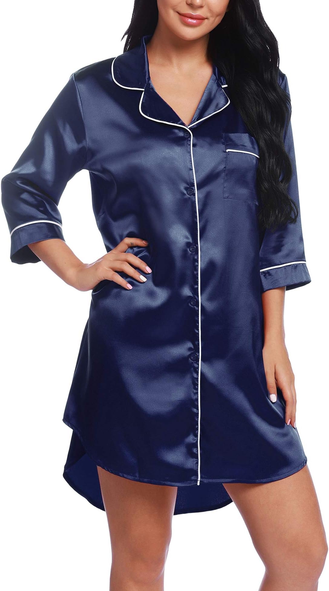 Chomoleza Womens Satin Sleepshirt Button Down Boyfriend Nightshirts Nightgown Sleepwear Navy Blue