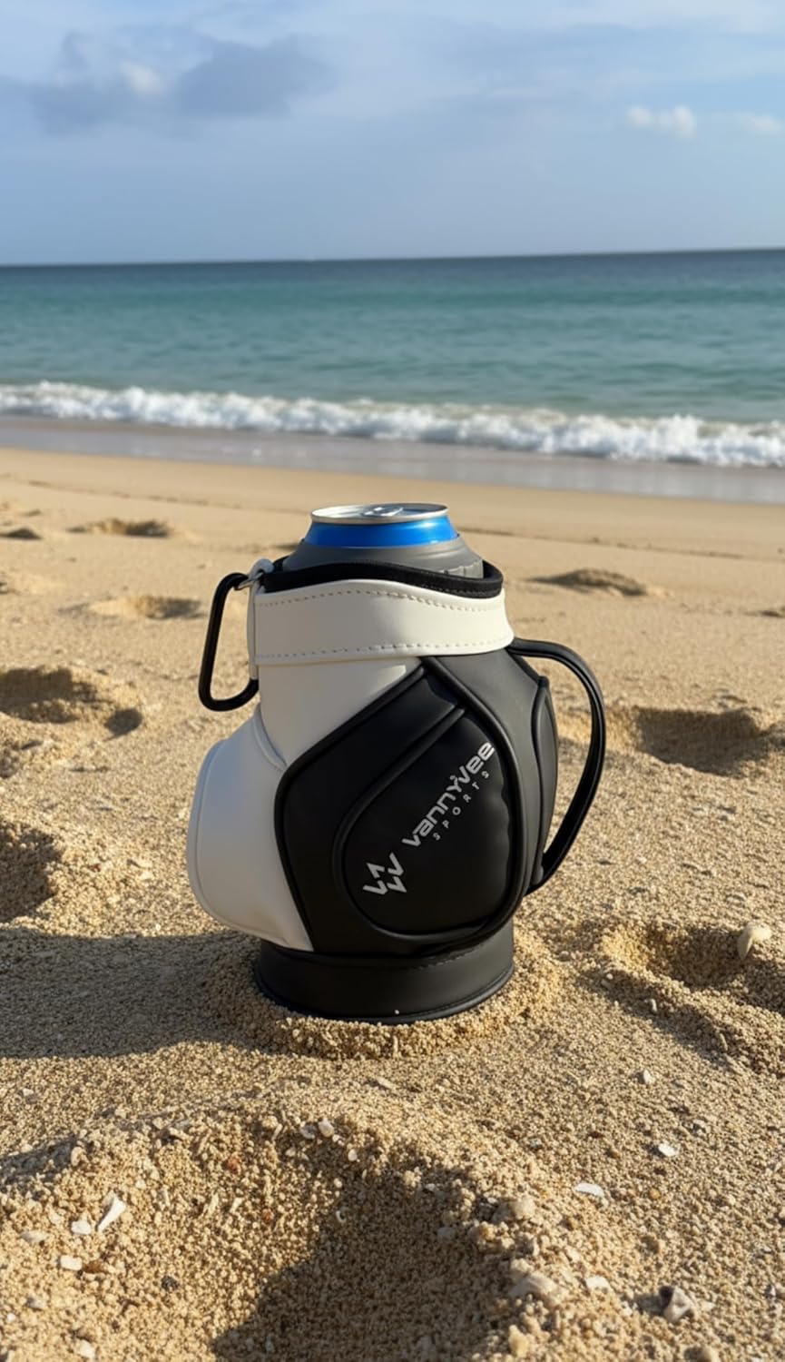 Mini Golf Bag Drink Holder & 14oz Stainless Steel Tumbler Set - Fits Multiple Can Sizes & Mixed Drinks – Fun Accessory & Golf Gift for Men and Women