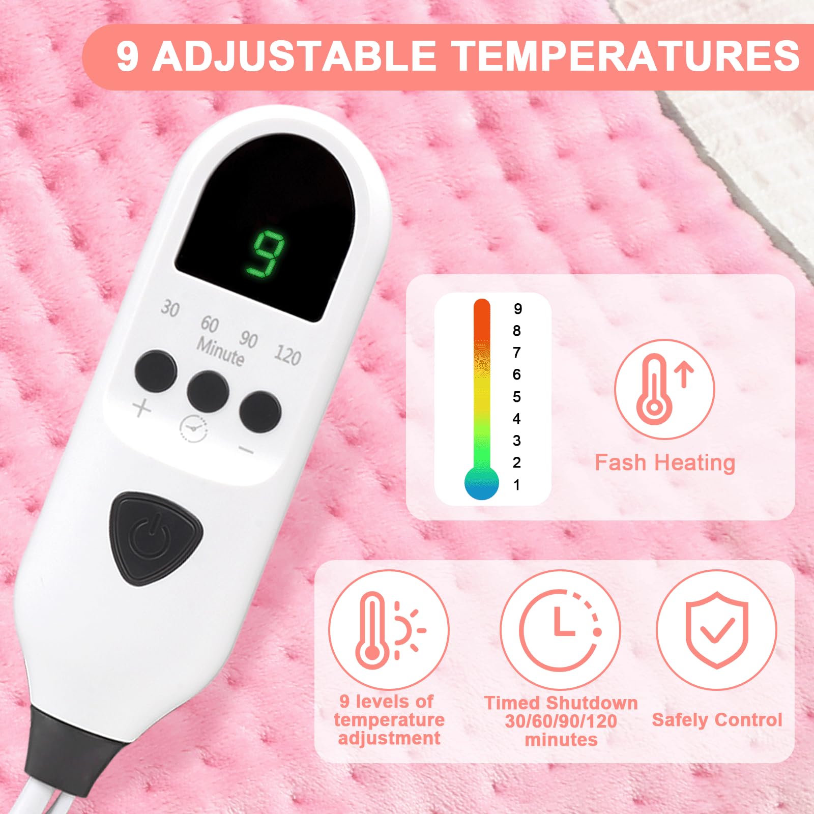 Dechoga Tappetino riscaldante in flanella a doppio strato, regolatore di temperatura a 9 passaggi e 4 timer, lavabile in macchina, morbido e pro-pelle, per collo, spalle (Rosa, 30x60cm)