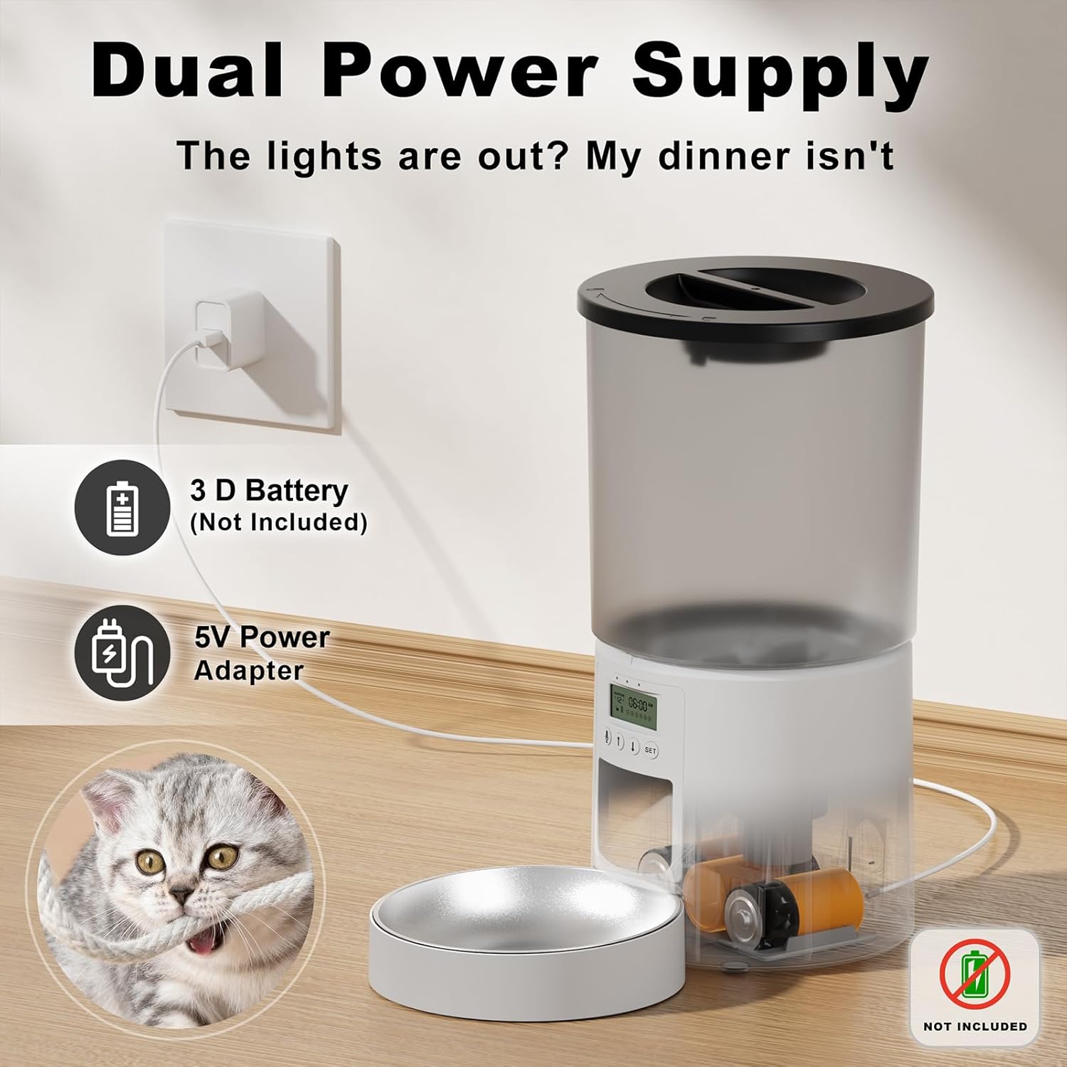 猫用自動給餌器 透明タンク シングルボウルタイプ 音声録音付き（10秒） タイマー給餌6回分 停電時も安心の2電源対応 4.2L大容