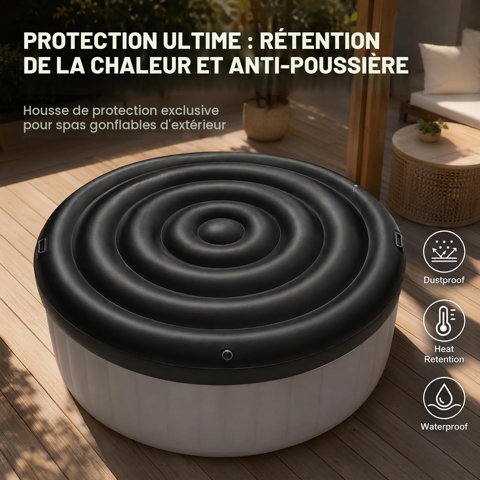 Couverture Thermique pour Bains à remous Ronde et Gonflable avec poignées, Couvercle de Spa Gonflable, Couvercle de Bain à Remous de qualité supérieure et économe en énergie (Noir, 165CM)
