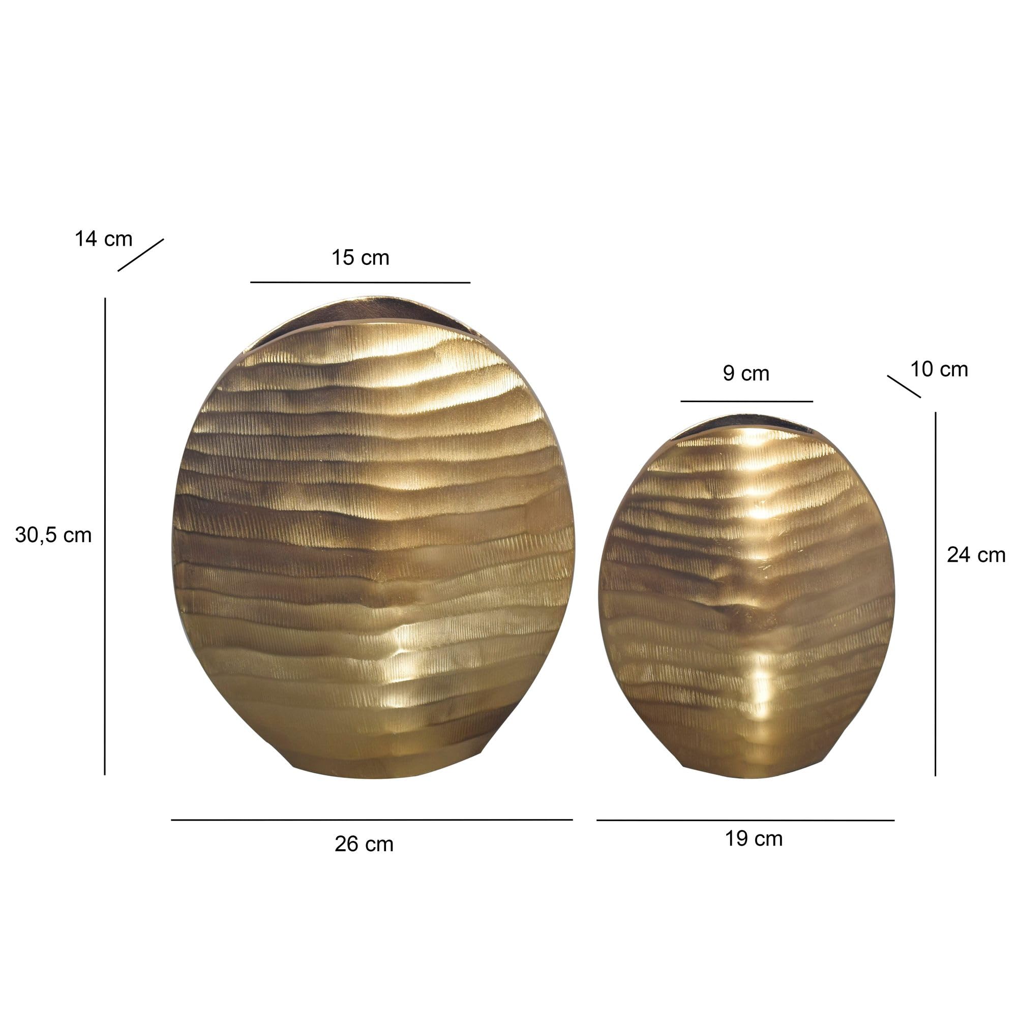 FineBuy Vase 2er Set Aluminium Gold Wellenmuster, Blumenvase | Designvasen in 2 Größen, Tischvasen handgefertigt, Wohndeko für Wohnzimmer, Sideboard und Esstisch, Tischdeko