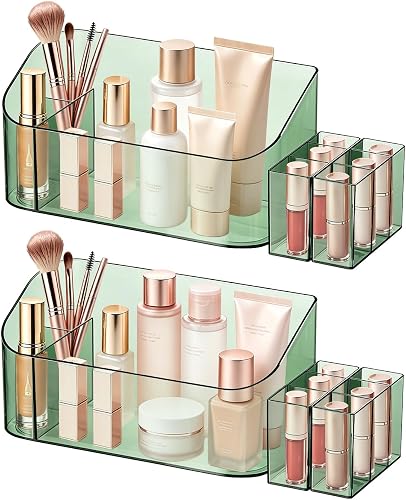 SUNFICON 2 Pack Makeup Trays Organizers Holders Cosmetic Display Cases Tabletop Desktop Vanity Countertop Bathroom Wall Cabinet Medicine Storage Boxes for Womens Ladies Girls Crystal Green