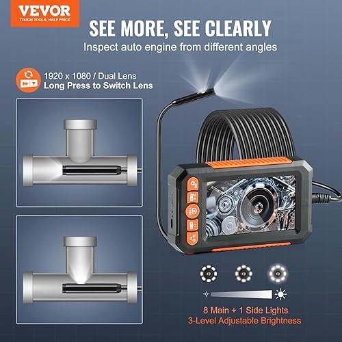Miniatura 2 de VEVOR Endoscopio industrial de 3 lentes, cámara de inspección de boroscopio digital HD 1080P pantalla IPS de 4.5 pulgadas, cámara de serpiente