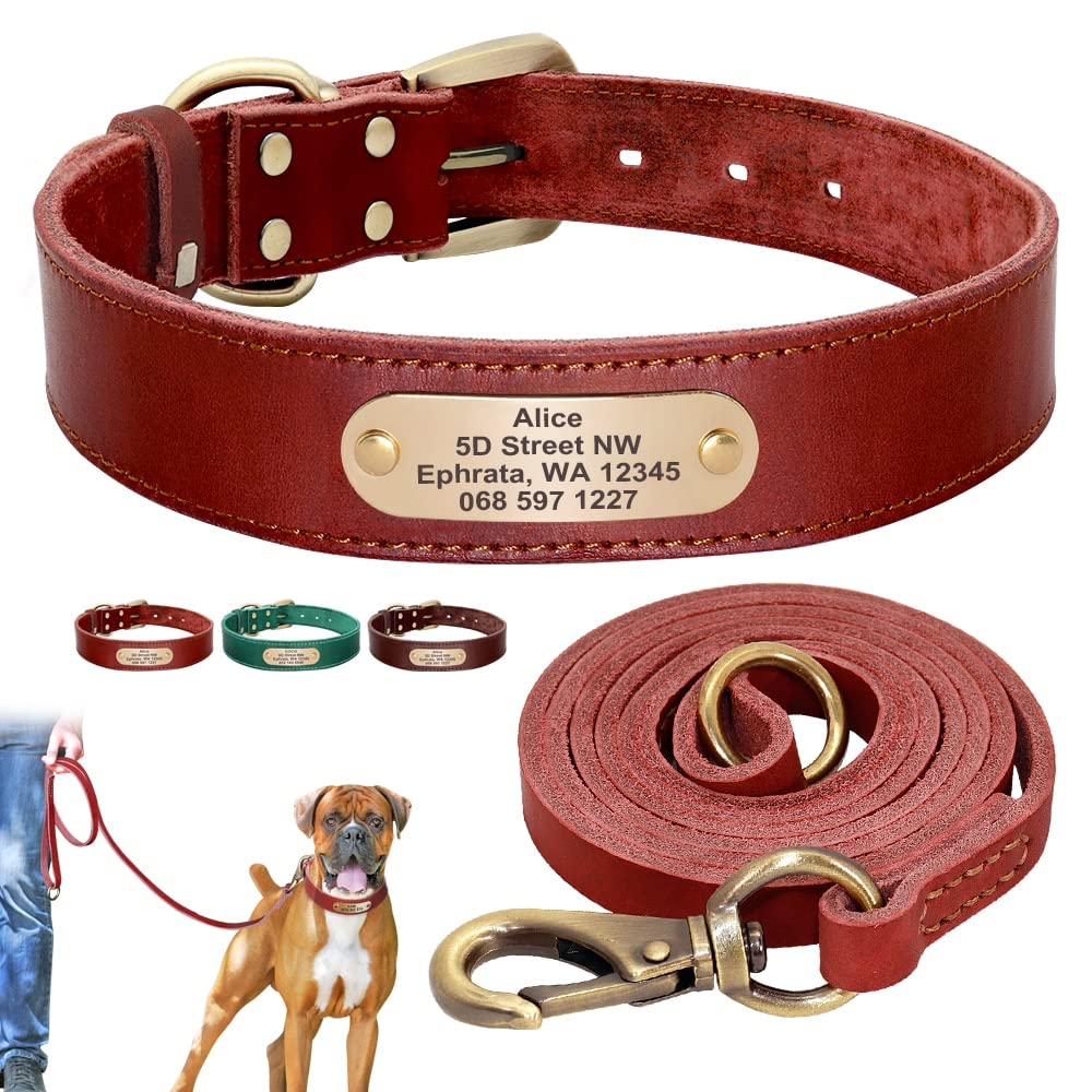 Collier personnalisé en Cuir pour Chien,Collier Personnalisé en Cuir,Cadeau Personnalisable,Collier réglable pour Animal de Compagnie pour Chiens de Petit Moyen Grand (Red Set,L)