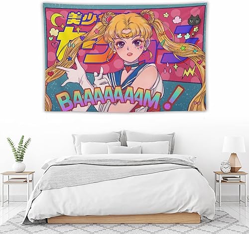 Miniatura 3 de JOKIMAL Tapiz Kawaii Anime Girl, decoración de luna y kawaii, bonito tapiz rosa con diseño de luna, para fiesta y cumpleaños, apartamento, hogar,