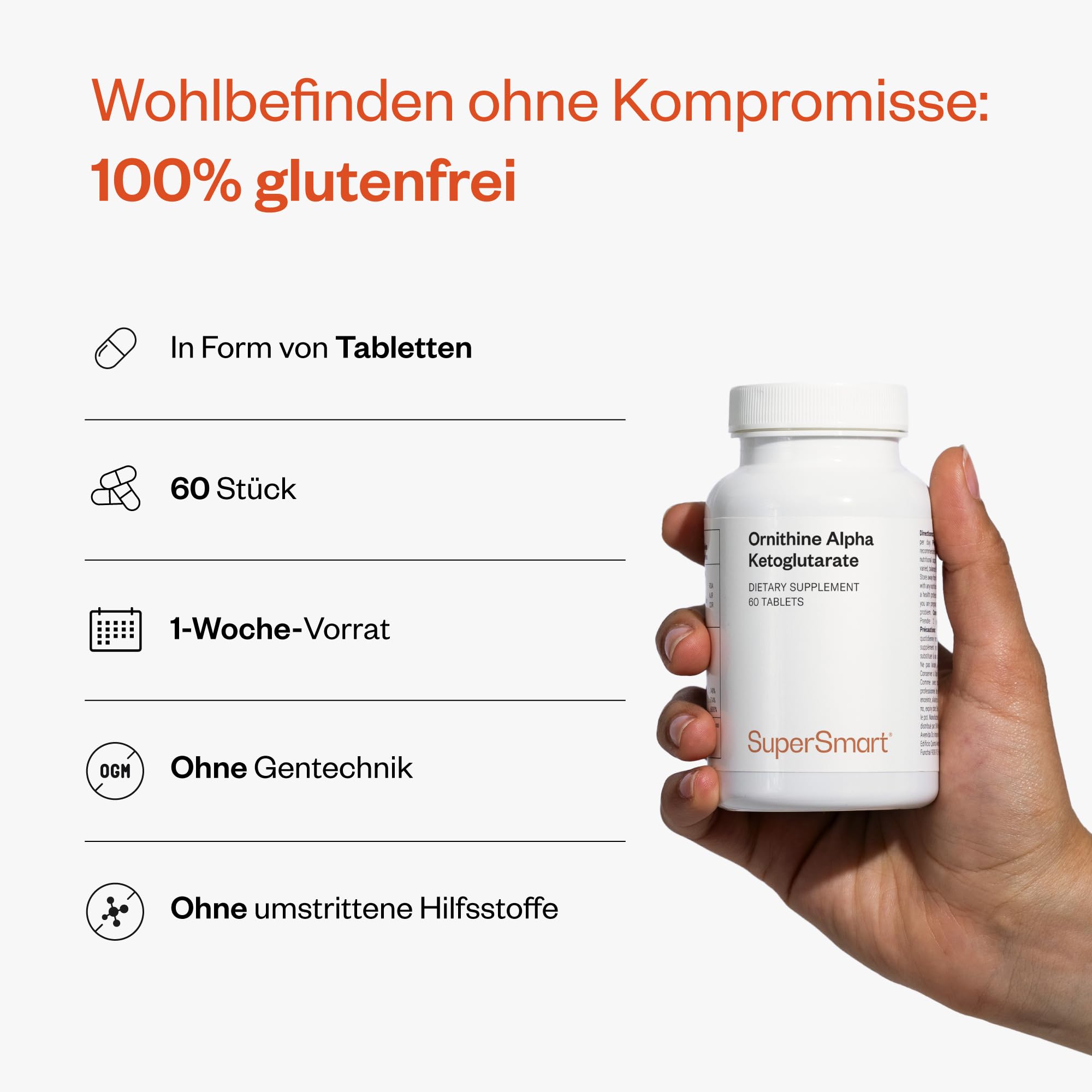 Ornithin Alpha Ketoglutarat (OKG) - Erhöht die Produktion von Wachstumshormonen - Trägt zur Proteinsynthese und zum Aufbau von Muskelmasse bei - Vegan - SuperSmart